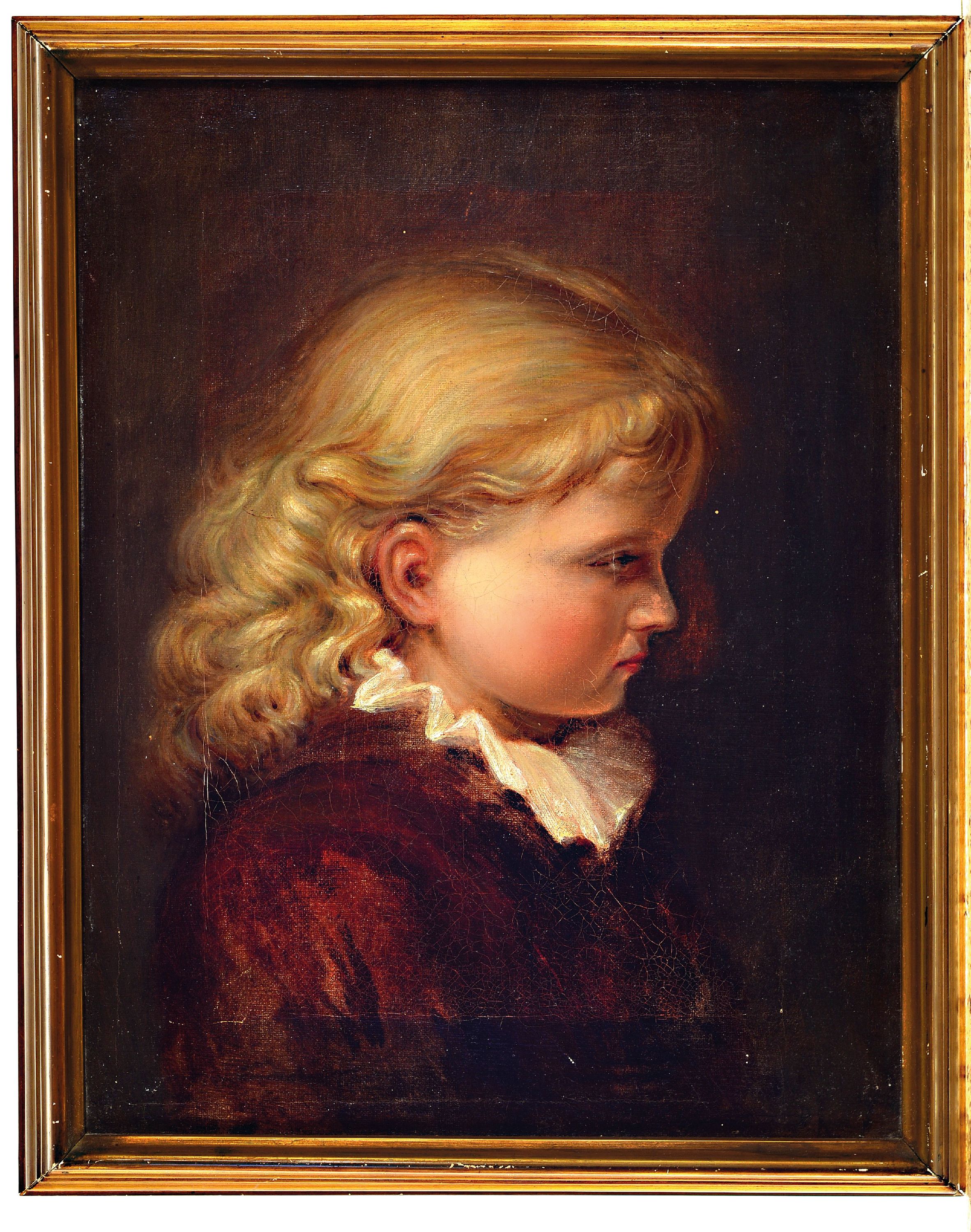 Detail k: Unbekannter Künstler, um 1900, Porträt eines blond gelockten Kindes im Profil, Öl/Lwd, unsign., rückseitig Aufkleber: Jubiläums-Ausstellung-Wien ...
