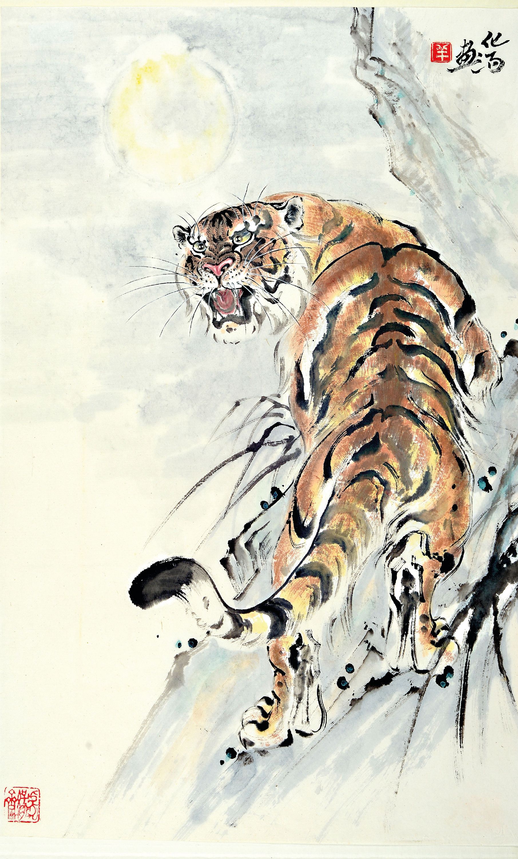 Detail k: chinesischer zeitgenössischer Künstler, 20. Jh., Tiger, re. oben signiert, gestempelt, ca. 66 x 42 cm