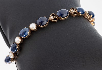 Image 14 kt Gold Saphir-Brillant-Perl-Armband, GG585/000, 13 ovale Saphir-Cabochons zus. ca. ...