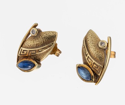 Image Paar 14 kt Gold Saphir-Brillant-Ohrstecker, GG 585/000, oval, part. Mäanderband, 2 kl. ...