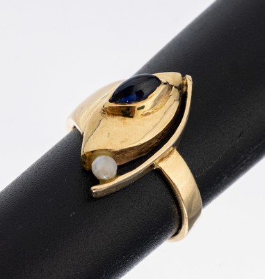 Image 14 kt Gold Saphir-Perl-Ring, GG 585/000, außergewöhnlich, ovaler Saphir-Cabochon, 1 ...