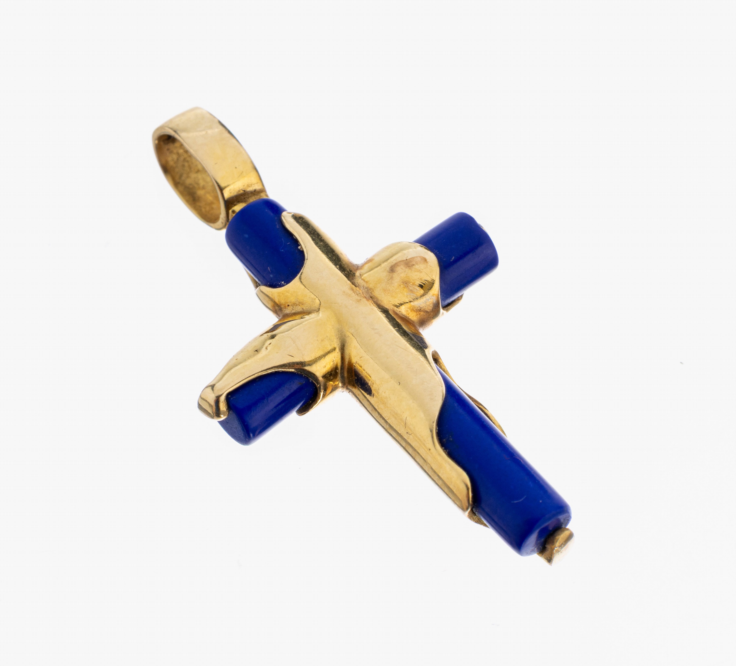 14 kt Gold Lapislazuli-Kreuzanhänger, GG 585/000. außergewöhnliche Gestaltung, ca. 3.4 x 2 cm, ca. 3.4 g