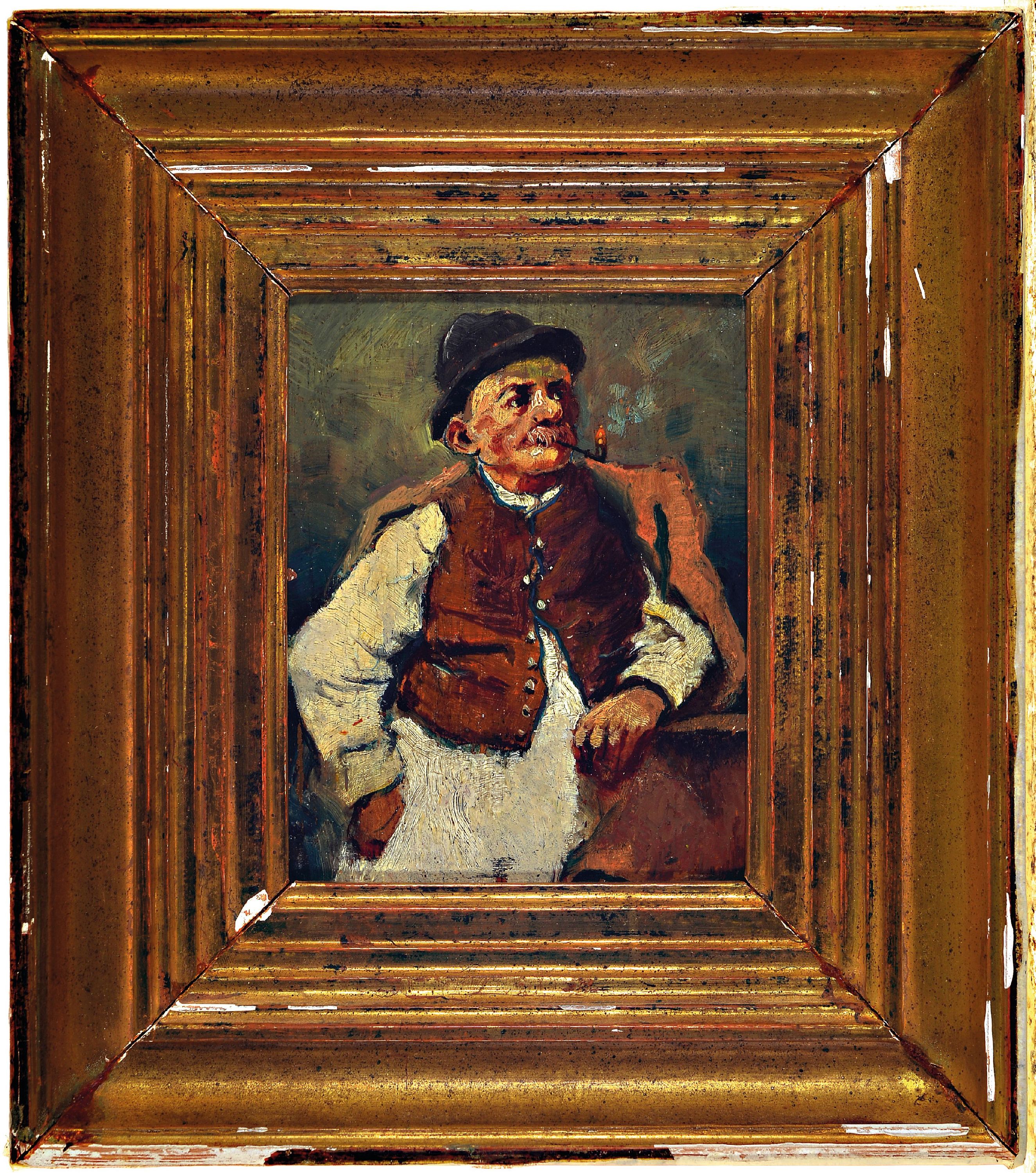 Detail k: Zuschreibung: Janos Tornyai, 1869 - 1936, ungarisch, Bauer mit Pfeife, Öl/Holz, unsigniert, rechts unten restauriert, verso bez., ca. 14.5x12cm, ...