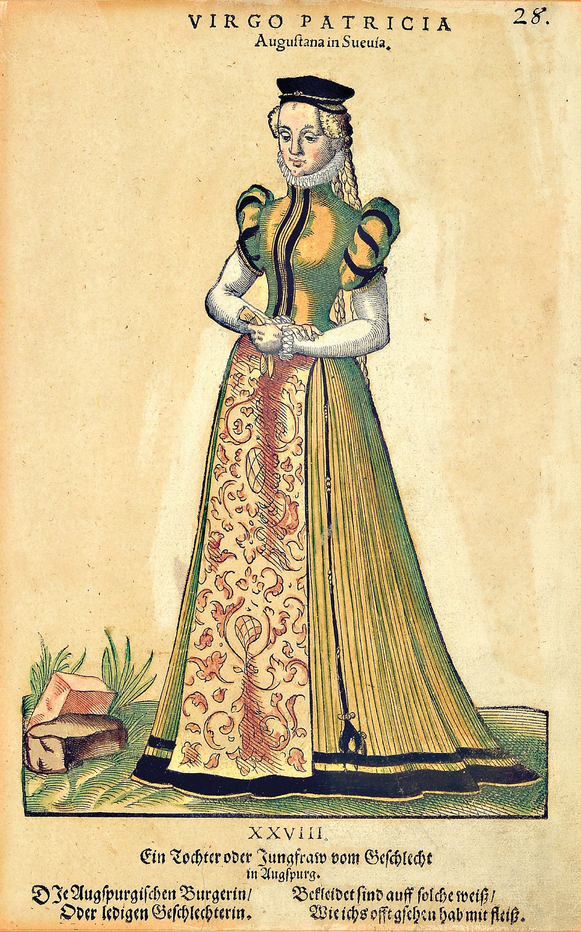 Detail a: Jost Amman, 1539 - 1591, vier Holzschnitte, vier Trachten, später koloriert, altersbedingt, gebräunt und Altersspuren, unter Glas, Rahmen, ...