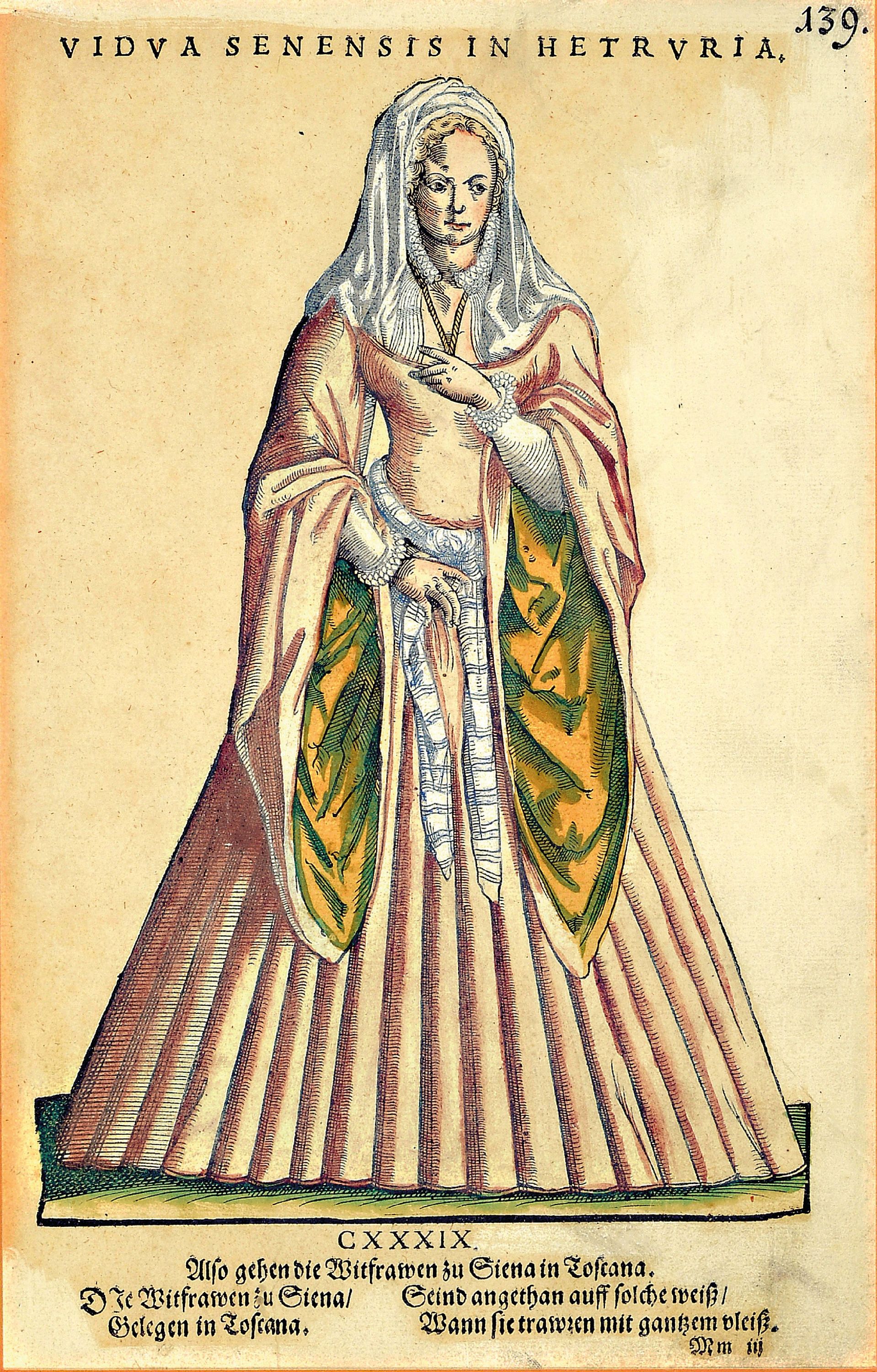 Detail b: Jost Amman, 1539 - 1591, vier Holzschnitte, vier Trachten, später koloriert, altersbedingt, gebräunt und Altersspuren, unter Glas, Rahmen, ...