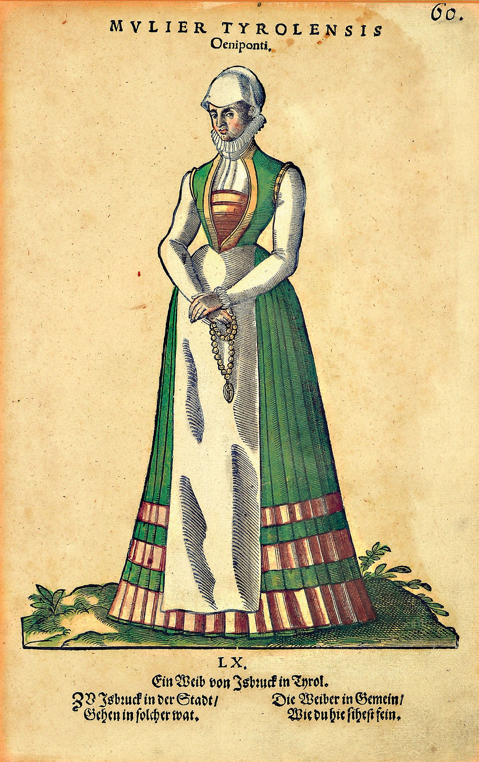 Detail c: Jost Amman, 1539 - 1591, vier Holzschnitte, vier Trachten, später koloriert, altersbedingt, gebräunt und Altersspuren, unter Glas, Rahmen, ...