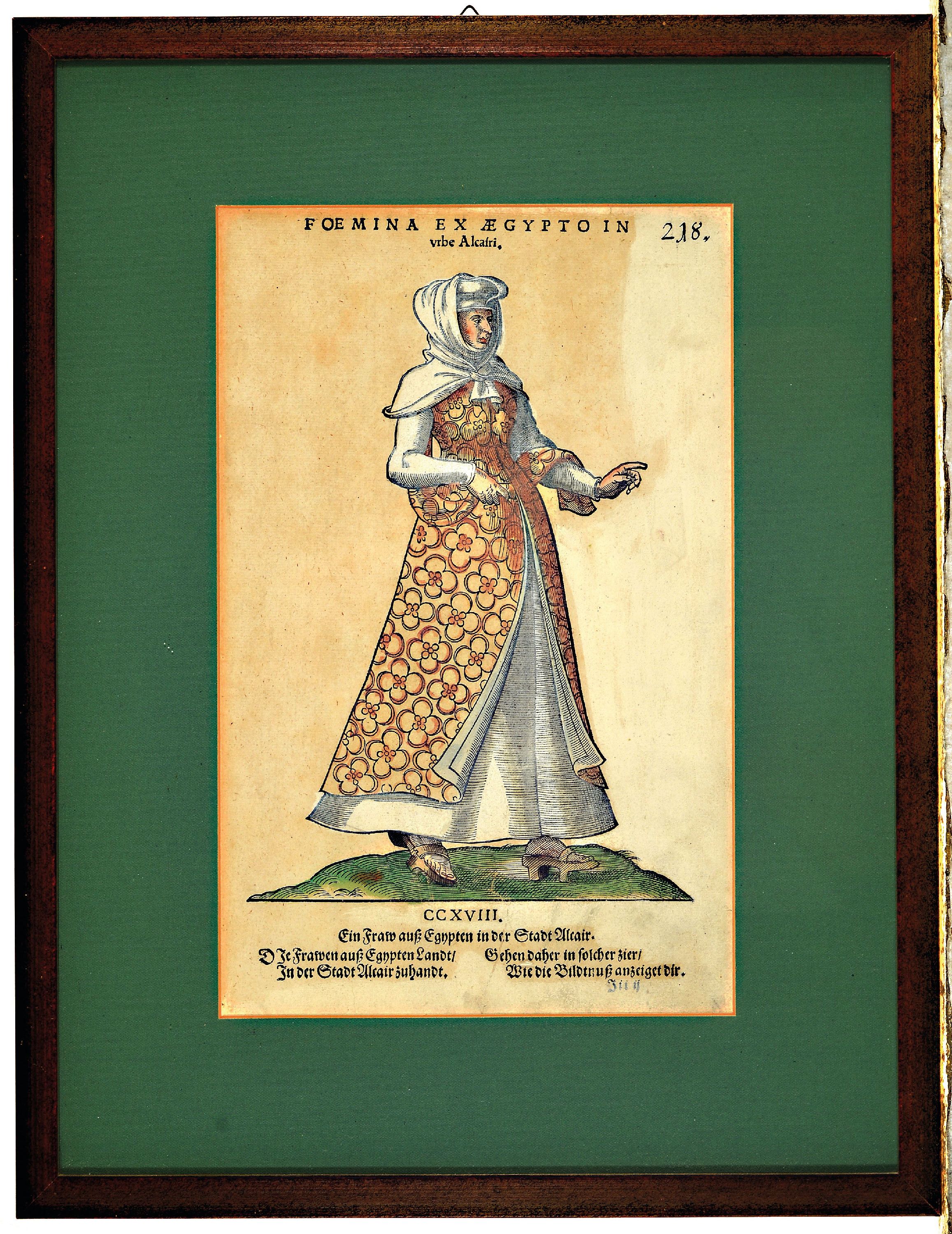 Detail k: Jost Amman, 1539 - 1591, vier Holzschnitte, vier Trachten, später koloriert, altersbedingt, gebräunt und Altersspuren, unter Glas, Rahmen, ...