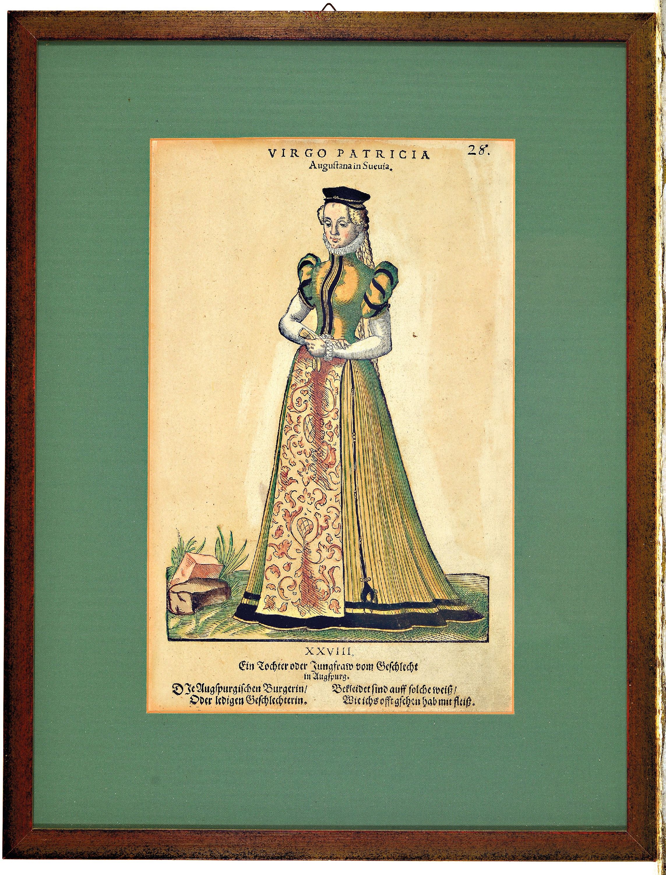 Detail l: Jost Amman, 1539 - 1591, vier Holzschnitte, vier Trachten, später koloriert, altersbedingt, gebräunt und Altersspuren, unter Glas, Rahmen, ...
