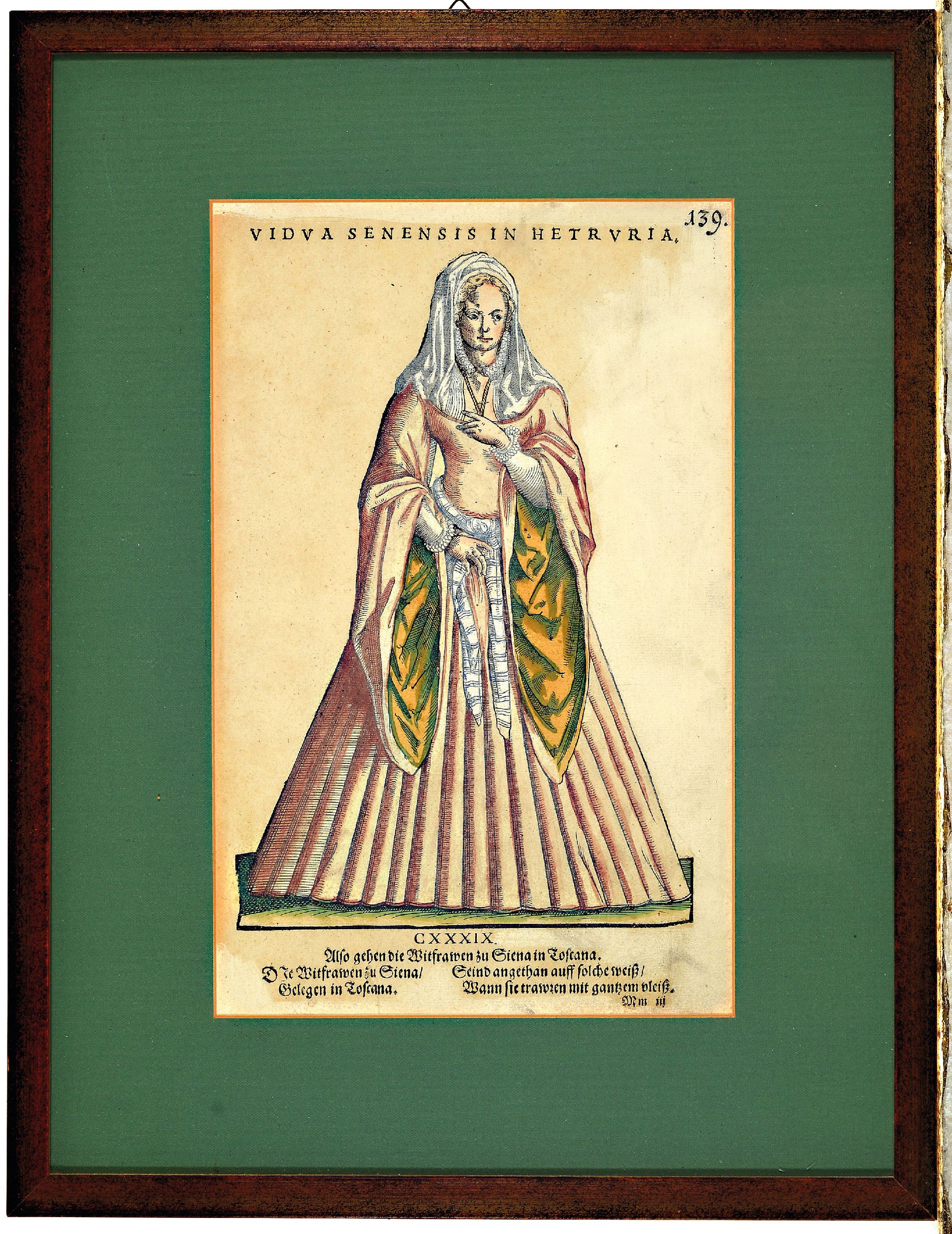 Detail m: Jost Amman, 1539 - 1591, vier Holzschnitte, vier Trachten, später koloriert, altersbedingt, gebräunt und Altersspuren, unter Glas, Rahmen, ...