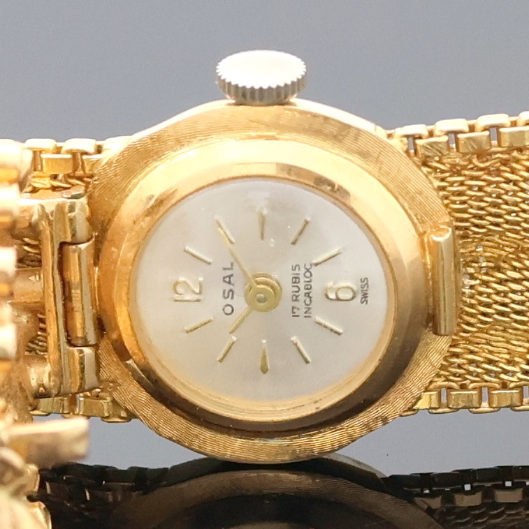 Detail a: OSAL ausgefallene Damenarmbanduhr in RG 750/000, Schweiz um 1965, Handaufzug, Goldband, Boden aufgedr., silb. Zifferbl. unter aufw. ...