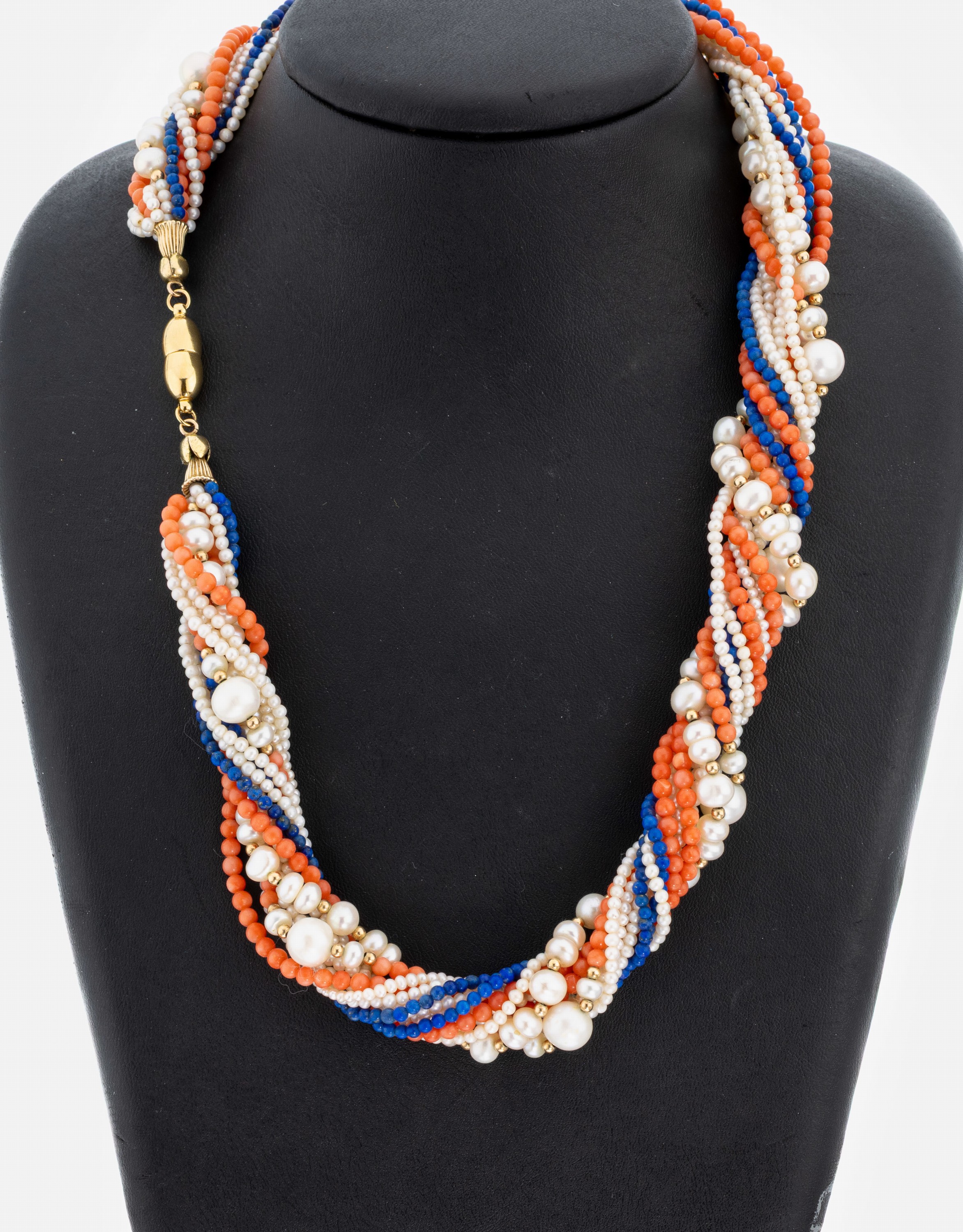 Image 26996392 - Korallen-Lapislazuli-Perl-Collier, 12-rhg.,in sich gedrehte Stränge aus Korallen- und ...