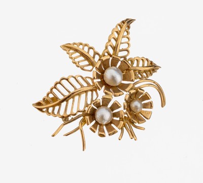 Image 18 kt Gold Perl-Brosche, GG 750/000, abstrakt floral, 3 unrunde Zuchtperlen, D. ...