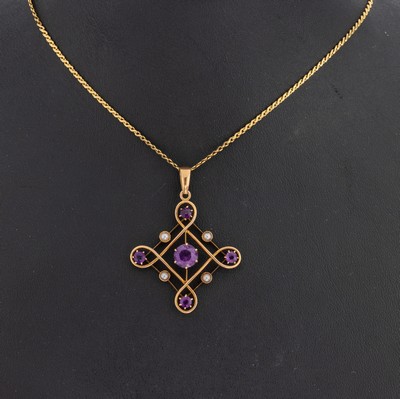 Image 15 kt Gold Amethyst-Perl-Anhänger, England um 1900, GG 625/000, reiner Jugendstil, ...