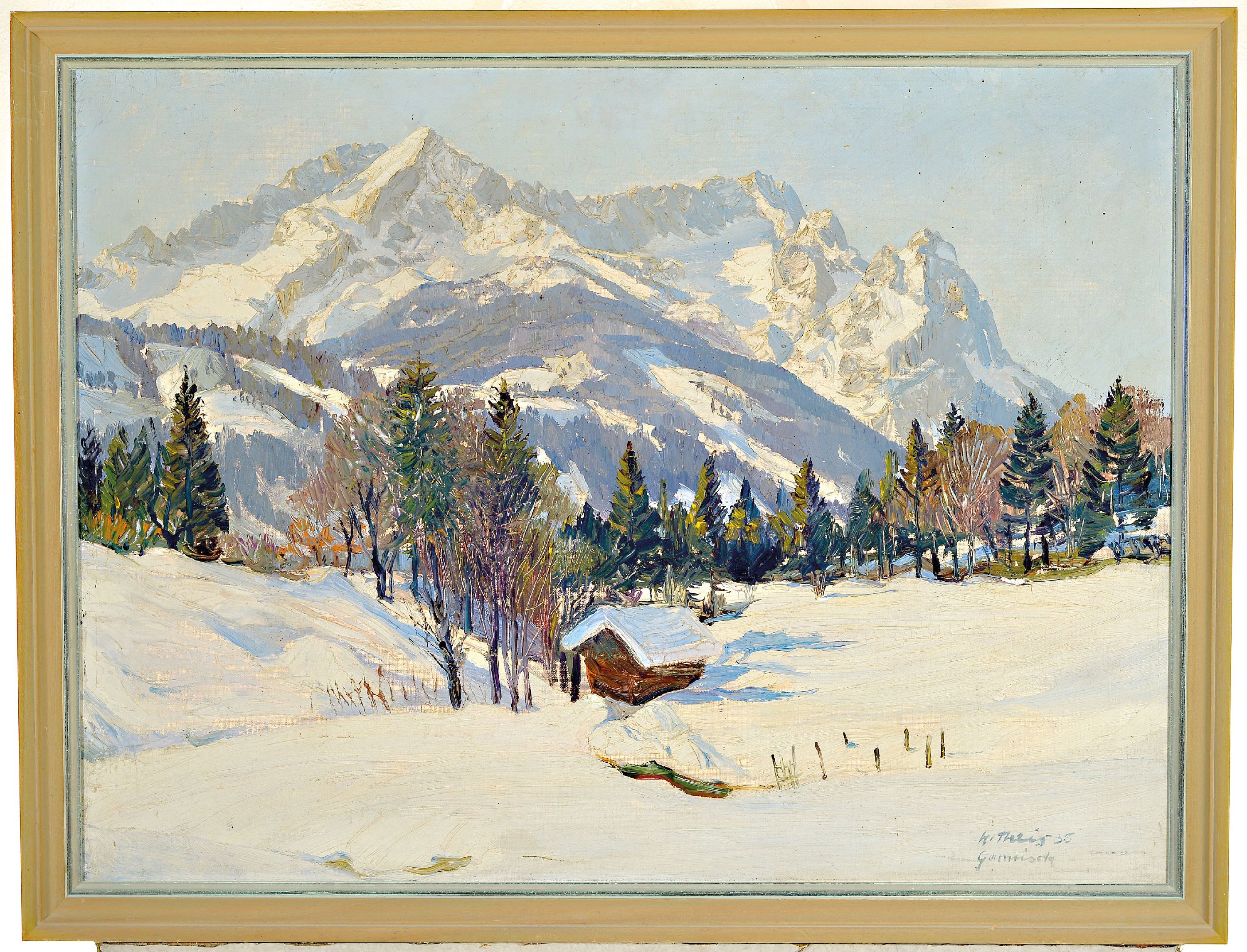 Detail k: Heinz Theis, 1894 Horn-1966 Garmisch- Partenkirchen, Verschneite Winterlandschaft bei Garmisch, Öl/Lwd, rechts unten sign., dat. 35 und bez. ...