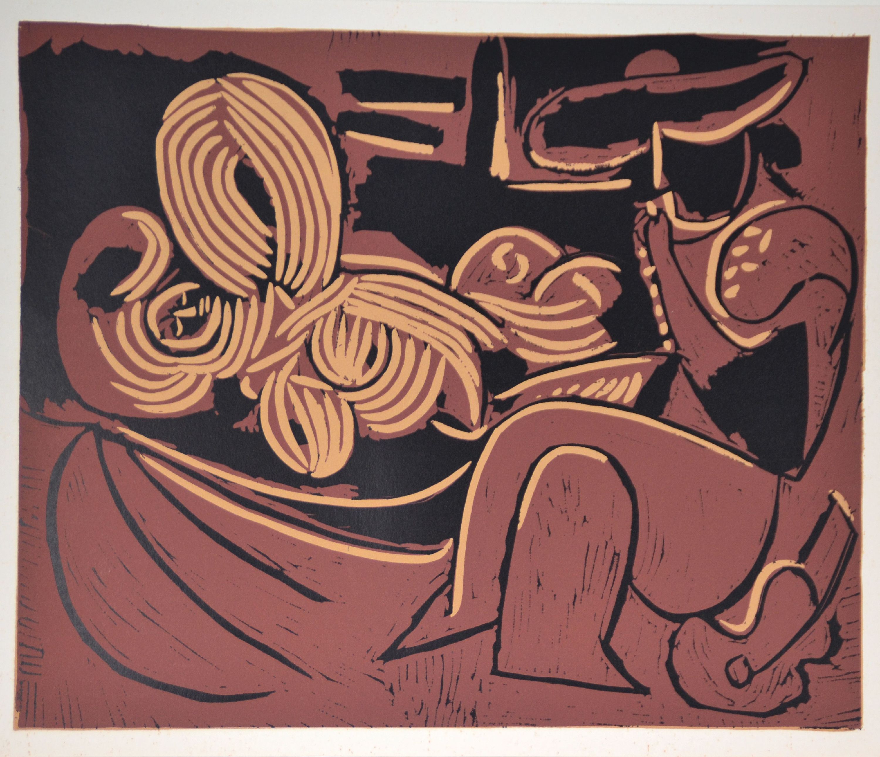 Image 26996490 - Nach Pablo Picasso (1881-1973), Farblinolschnitt, ´Femme Couchee et Homme a laGuitare´, ...