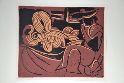 26996490k - Nach Pablo Picasso (1881-1973), Farblinolschnitt, ´Femme Couchee et Homme a laGuitare´, ...