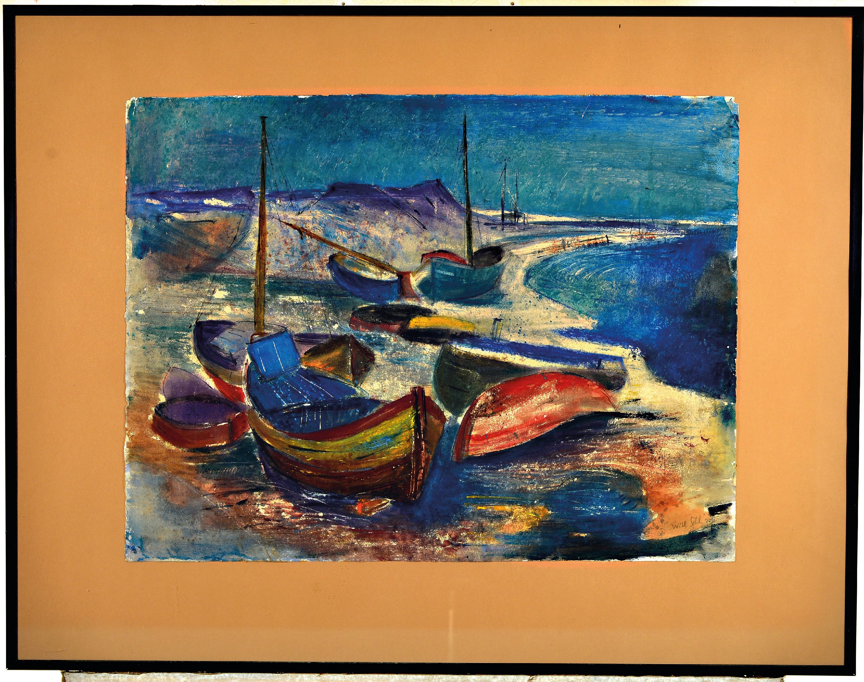 Detail k: Will Sohl, 1906-1969 Ludwigshafen, Mischtechnik auf Papier, Fischerboote auf Sylt, Ränder l. lädiert, Blatt 50x65 cm, unter Glas gerahmt 72x92 cm