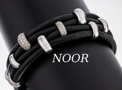 Image 18 kt Gold NOOR Brillant-Armband, WG 750/000, 4-rhg. schwarze Lederbänder, 10 WG ...