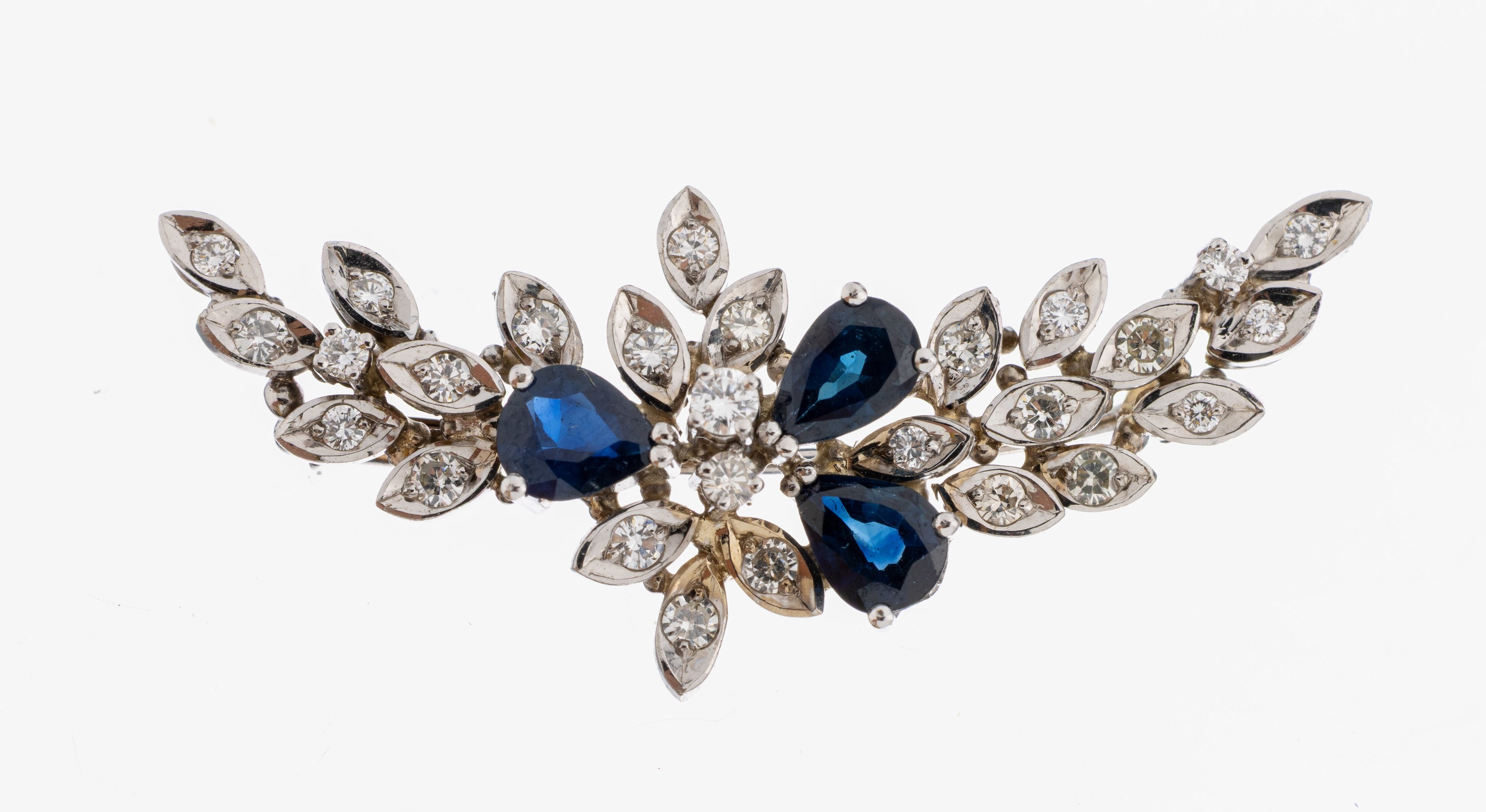 Image 26996905 - 14 kt Gold Saphir-Brillant-Brosche, 1970er Jahre, WG 585/000, floral, 3 facett. ...