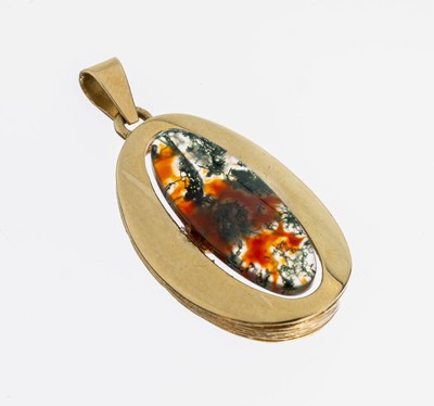 26997396a - 14 kt Gold Moosachat-Anhänger, Österreich Wien, GG 585/000, oval, mittig ovaler ...