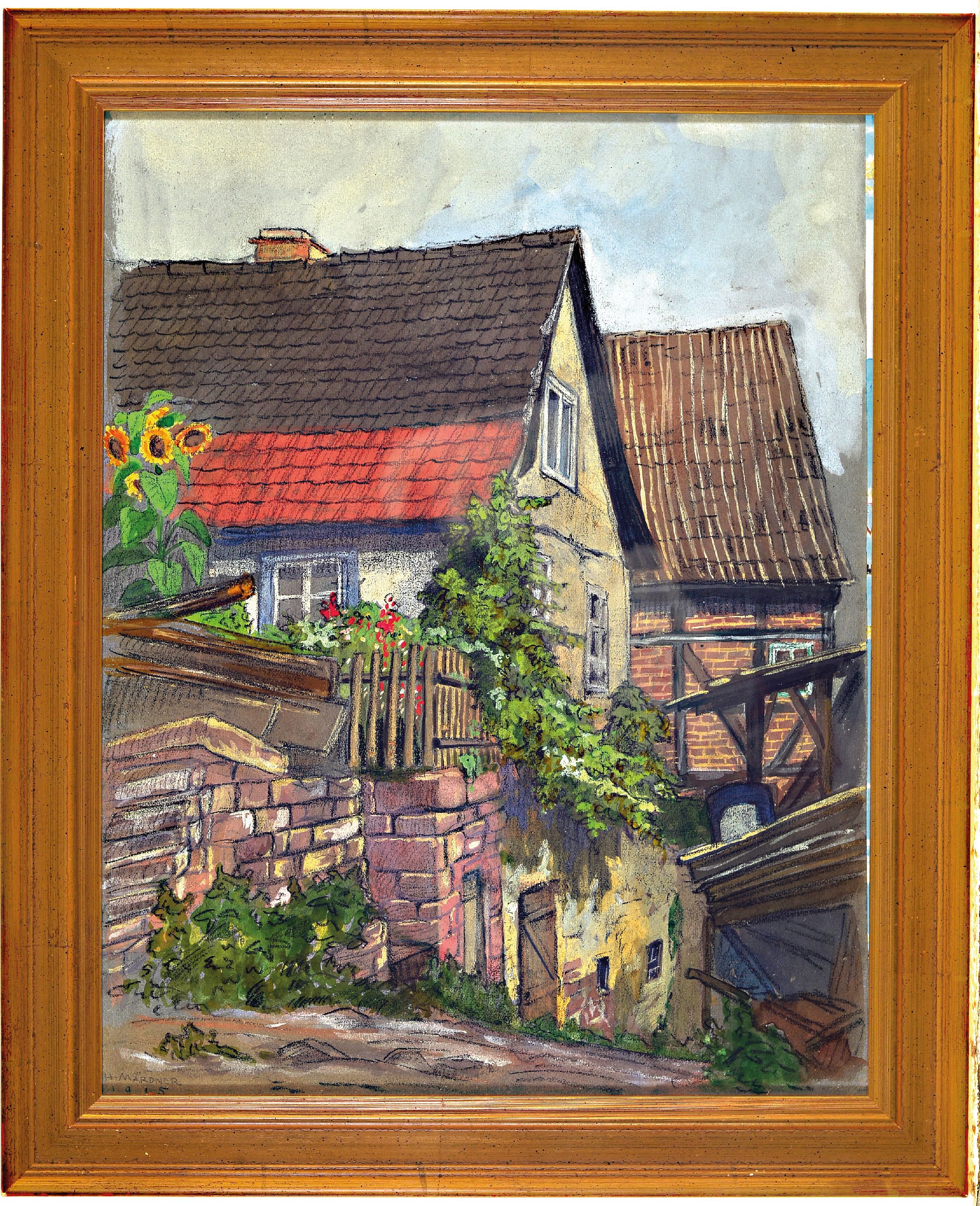 Detail k: Hedwig Mardner, 1877 Mühlheim/Ruhr-?, Gouache, Dorfansicht, links unten signiert unddatiert 1915, unter Glas gerahmt 37x30 cm