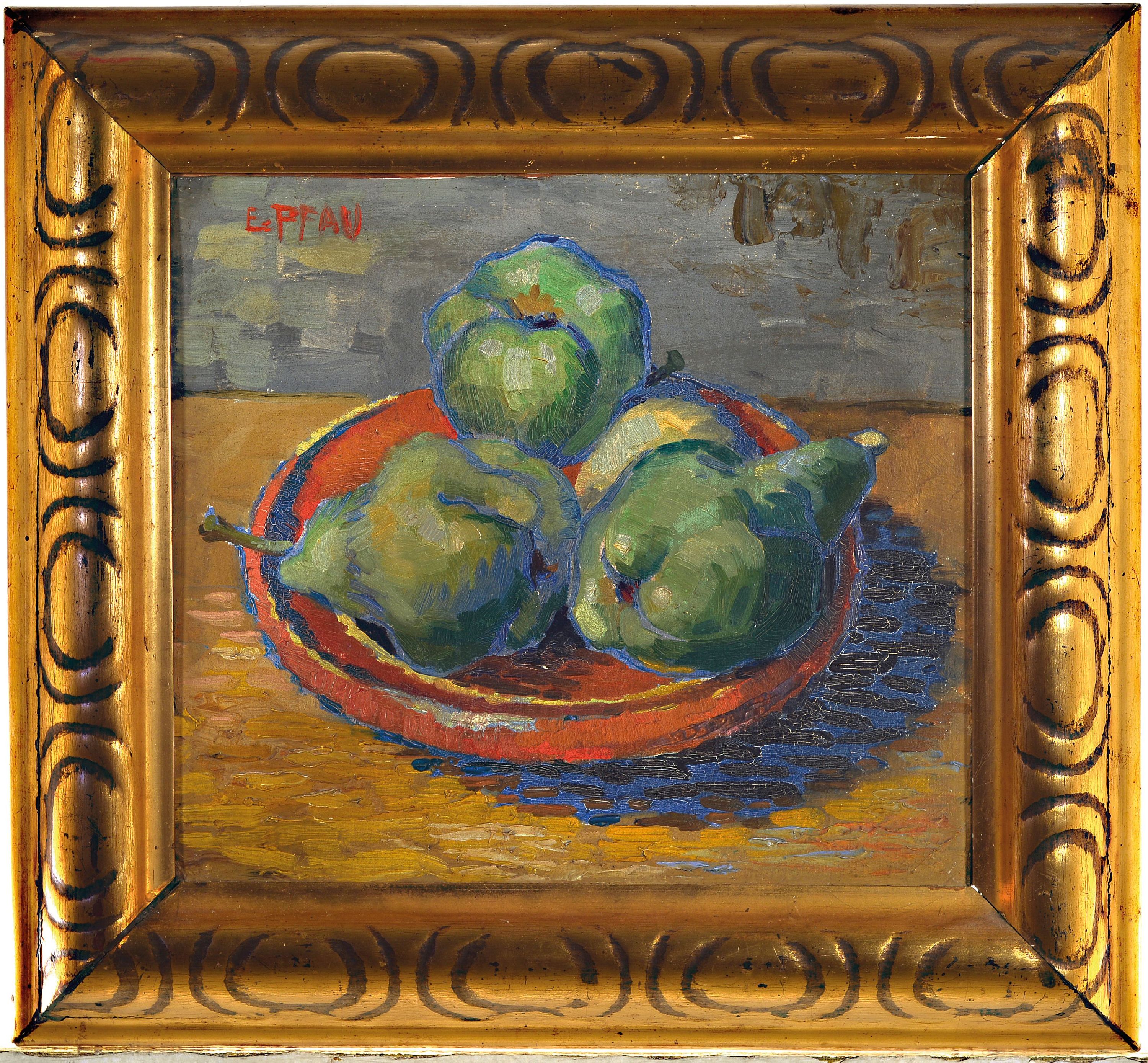Detail k: Ernst Pfau, 1879 Bad Wimpfen-1965 Bad Dürkheim, Stillleben mit drei Birnen, Vorkriegszeit,Öl/Malkarton, links oben signiert, 32x37 cm, Rahmen 48x52 ...