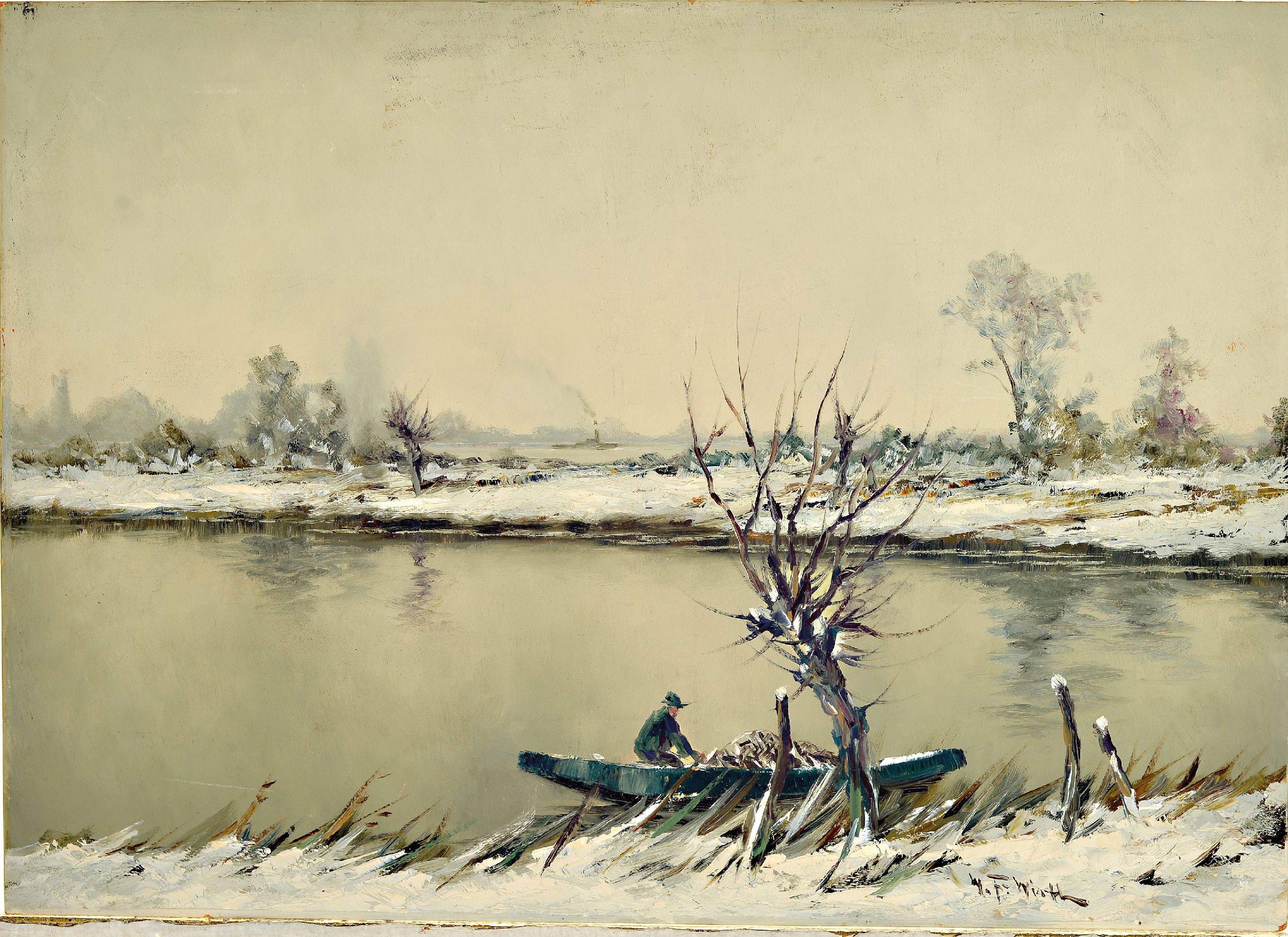 Detail k: Willy Franz Wirth, 1903 Lüdenscheid-1965, niederrheinische Winterlandschaft mit Fischer,rechts unten signiert, Öl/Masonit, ungerahmt, 50x70 cm; ...