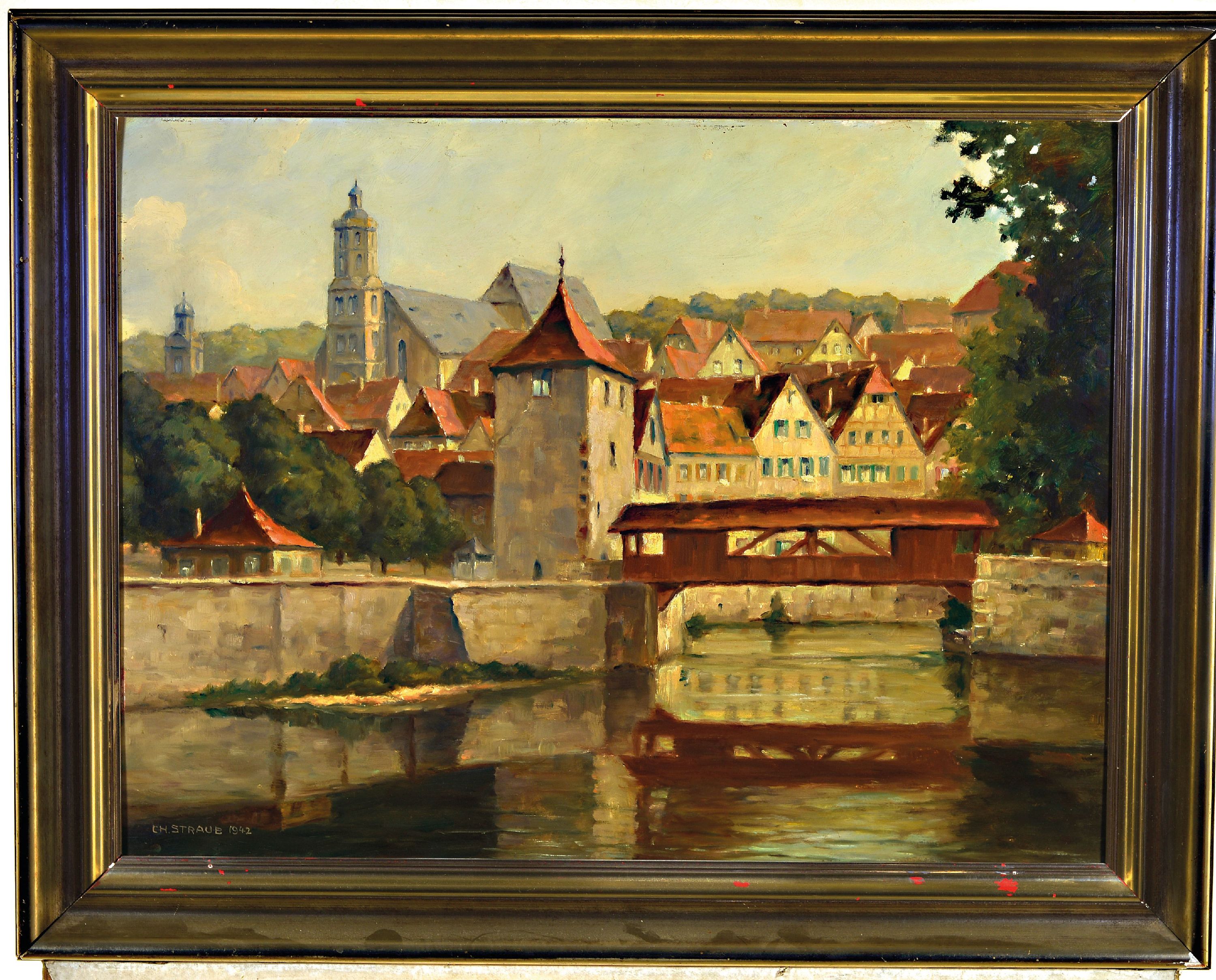 Detail k: Christian Straub, 1881-1950 schwäbisch, "Schwäbisch Hall am Kocher" so verso bez., links unten signiert und datiert 1942, Öl/Platte, ...
