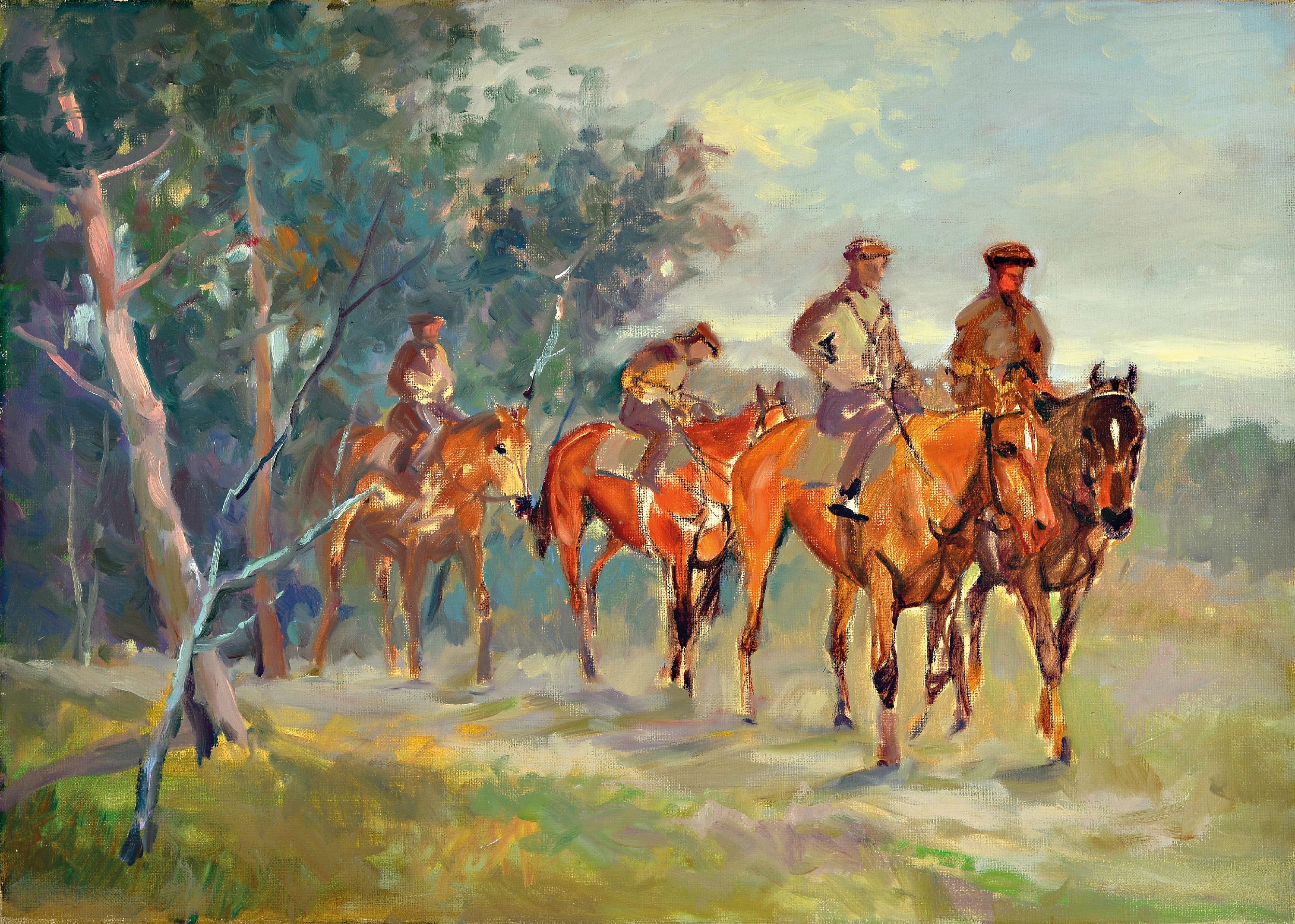 Image 26997795 - Hans Deiters, 1868 Düsseldorf-1922 München, Reitergruppe vor Waldkulisse, verso ...