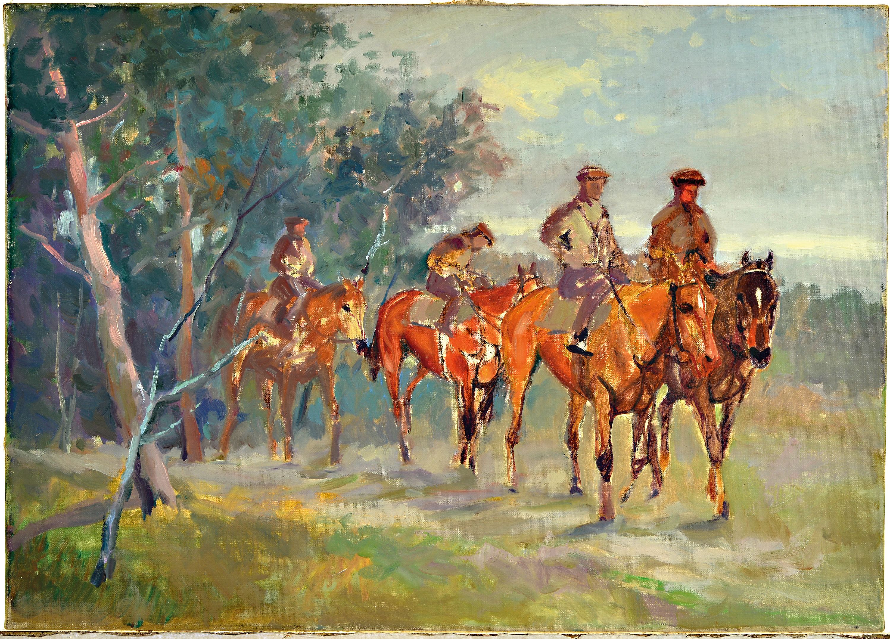 Detail k: Hans Deiters, 1868 Düsseldorf-1922 München, Reitergruppe vor Waldkulisse, verso Künstlerstempel, Öl/Lwd, ungerahmt 50x70 cm