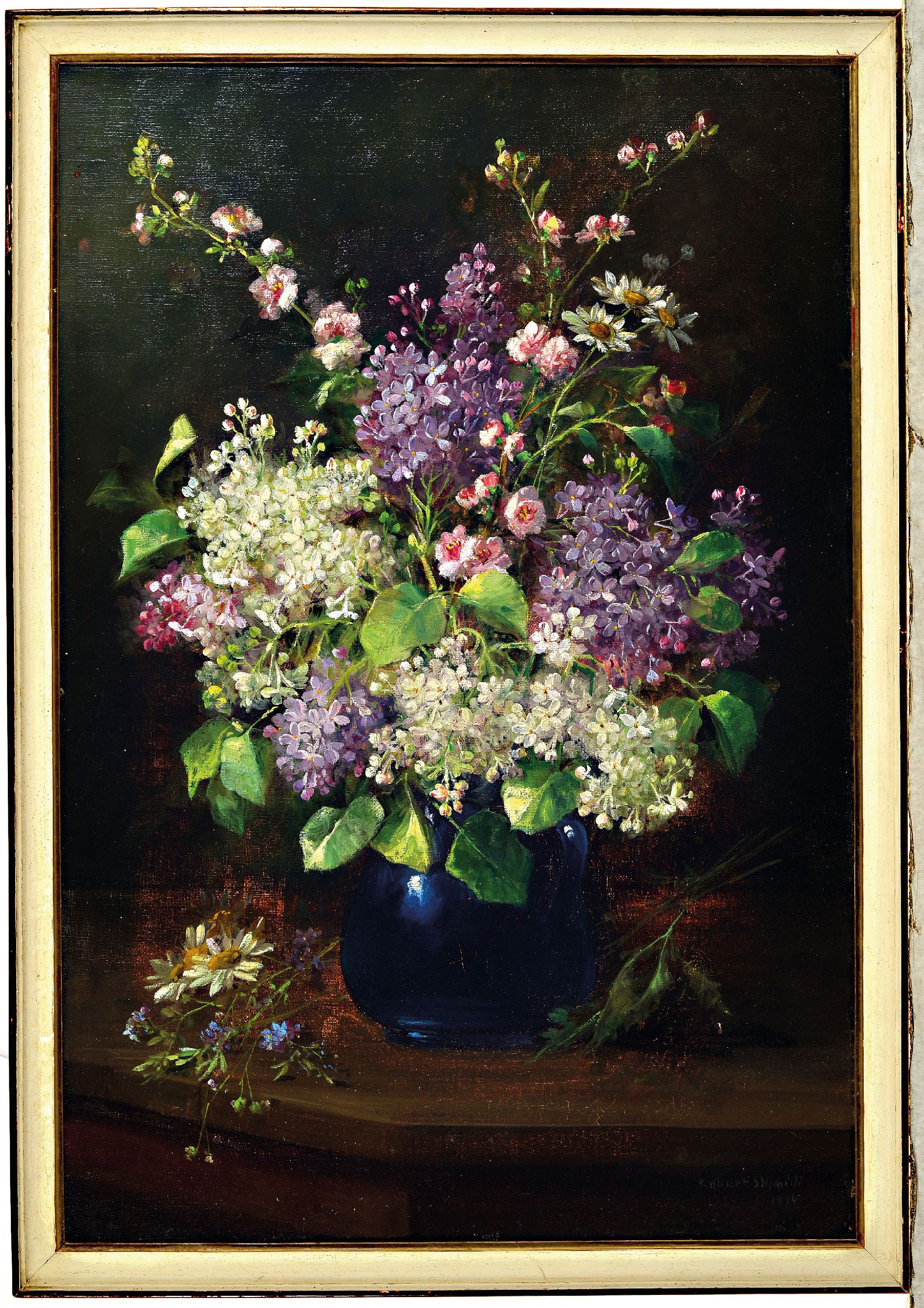 Detail k: Robert Schmidt, 1863-1927, Stillleben mit Frühlingsblumen, rechts unten signiert und datiert 1914, Öl/Lwd, restauriert/retouschiert, Rahmen 60x42 cm