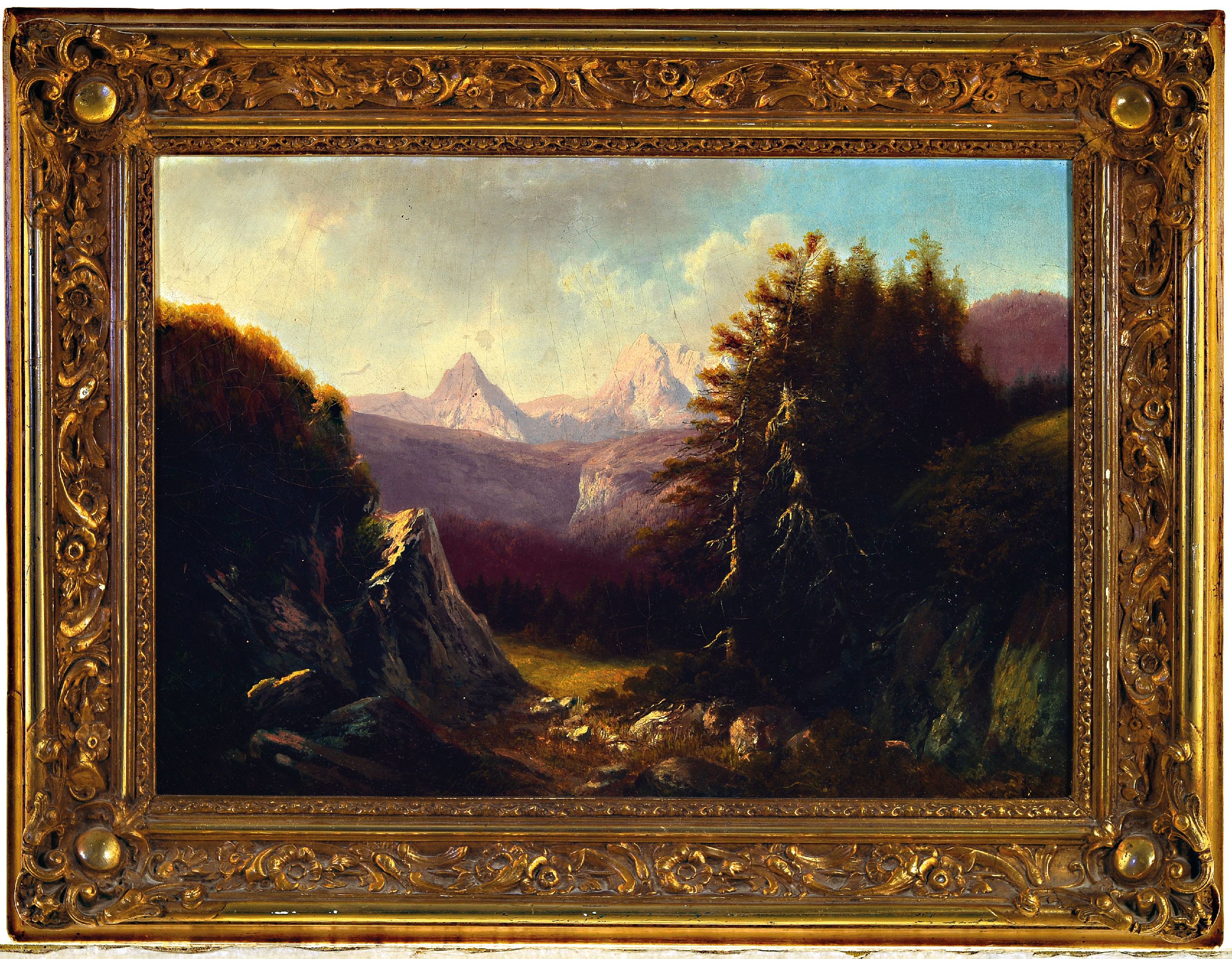 Detail k: Zuschreibung: Eduard Böhm, 1830 Wien-nach 1900, Tiroler Landschaft, restauriert bzw. retouschiert, unsigniert, Keilrahmen verso mitStempel "E. ...