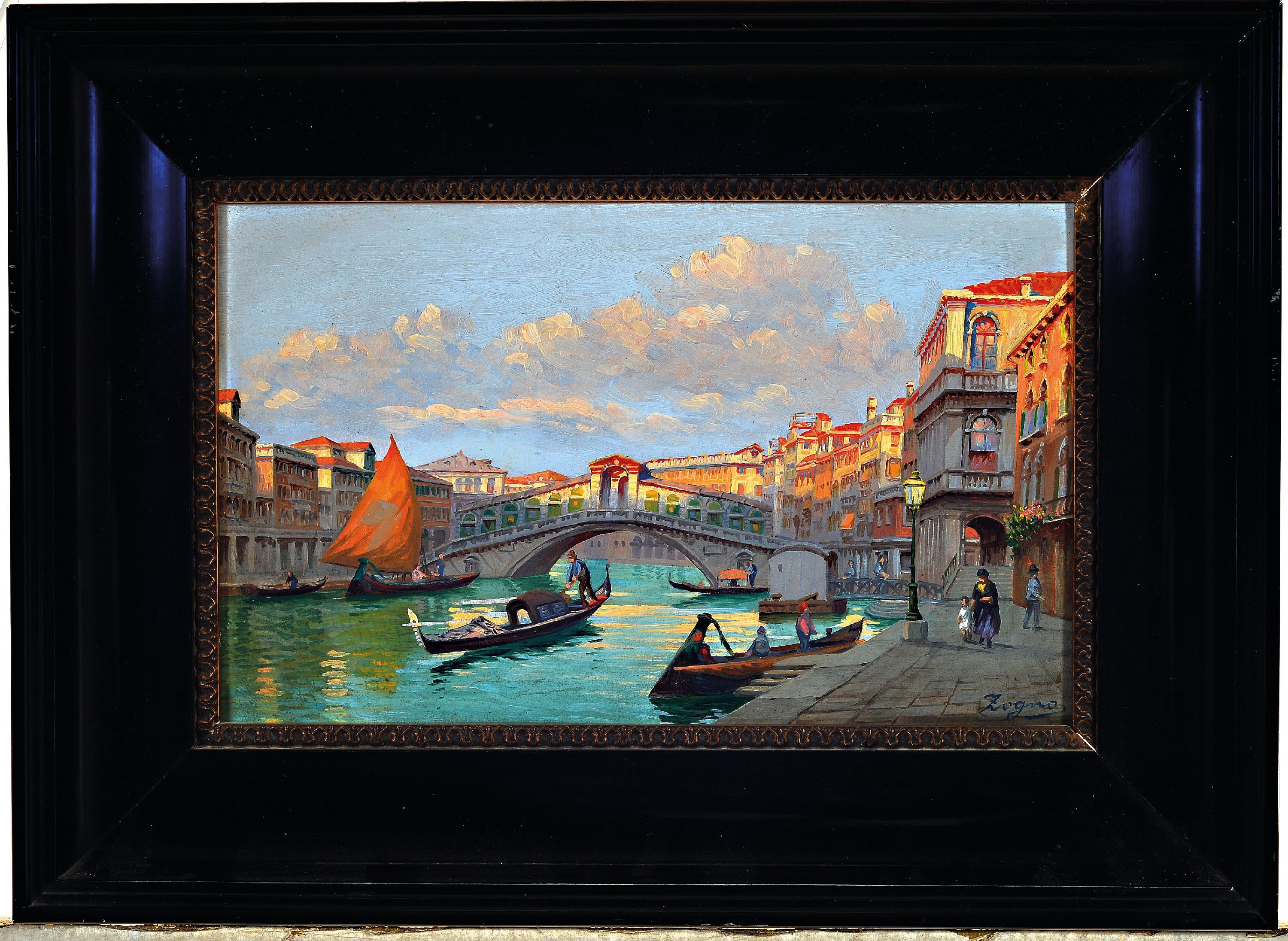 Detail k: Signiert Zogno, italienisch, Ende 19.Jh., Ansicht aus Venedig, Blick auf die Ponte di Rialto, signiert, Öl/Holz, 19x30 cm, Rahmen 31x41 cm, verso ...