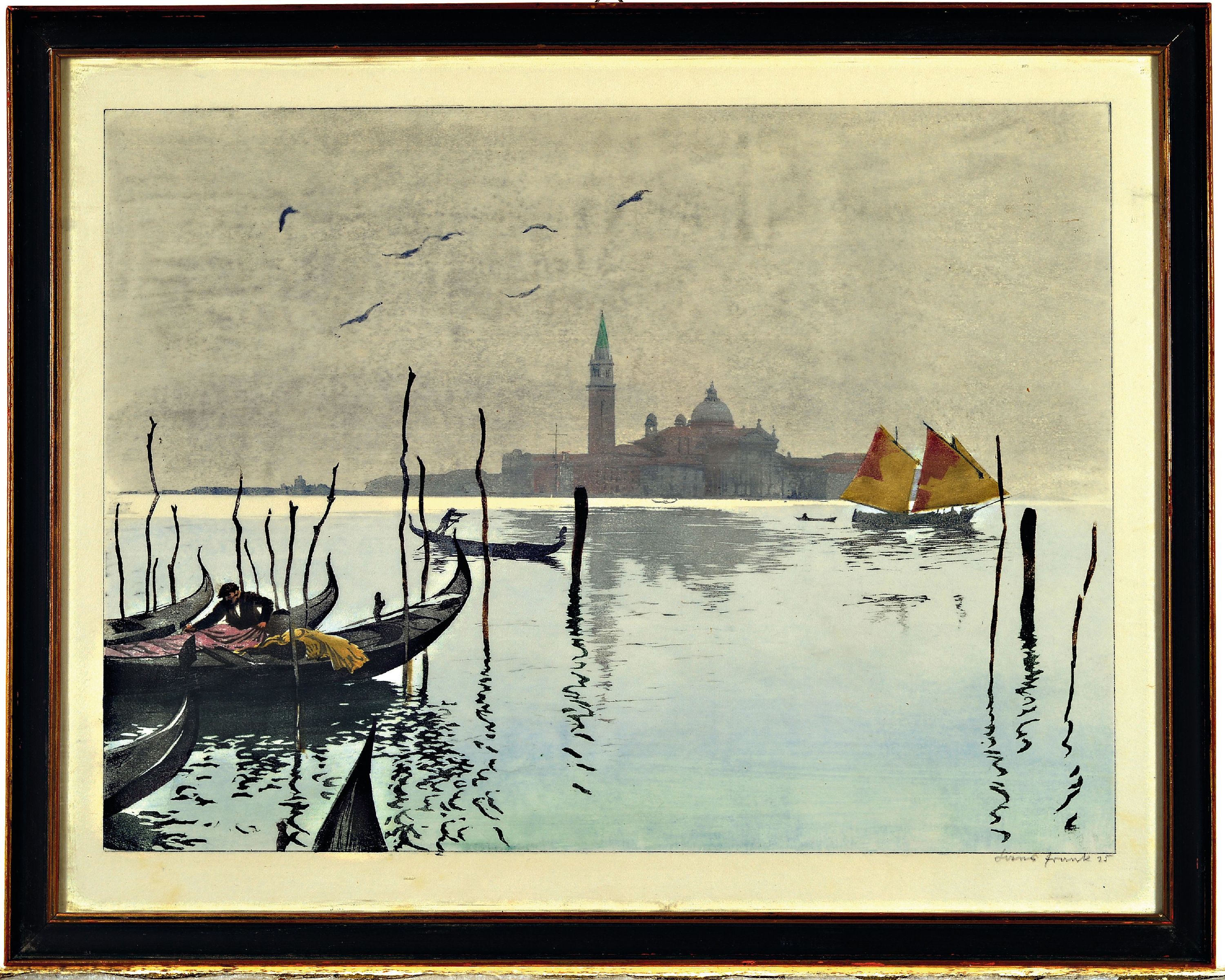 Detail k: Hans Frank, 1884 Wien-1948 Salzburg, Farbholzschnitt, Venedig, San Giorgio von der Piazzetta aus, 1925, Platte 29x39 cm, unter Glas gerahmt 38x45 cm