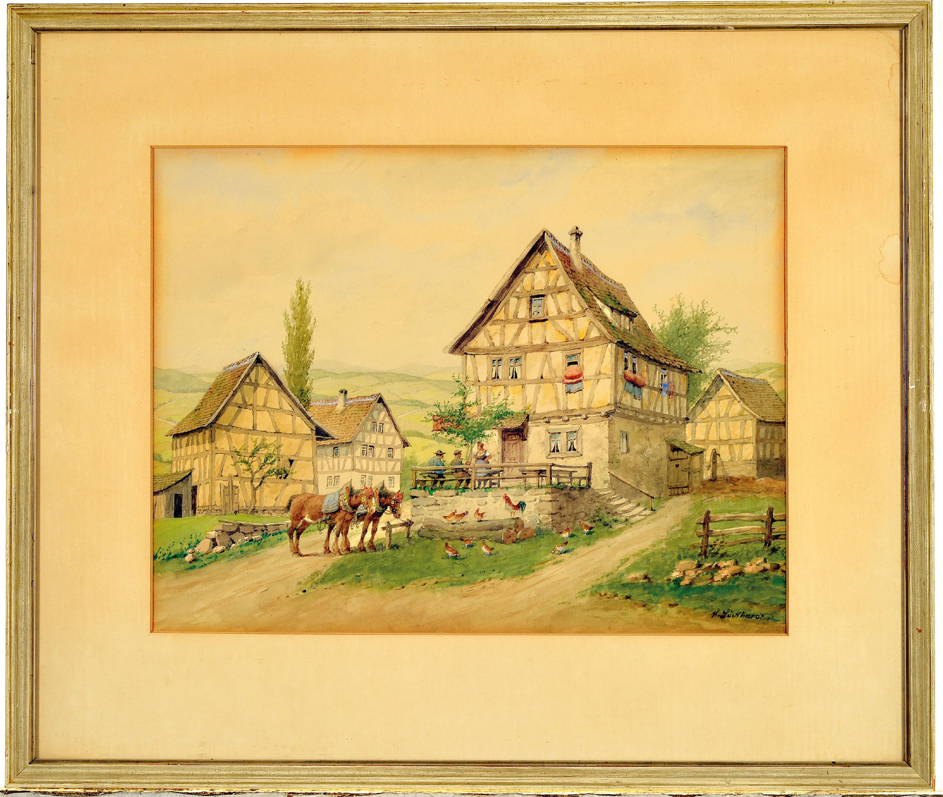 Detail k: Karl Luckhardt, 1886-1970 Frankfurt/Main, Aquarell, oberhessisches Dorf, wohl 1931, rechts unten signiert, unter PP und Glas gerahmt 46x54 cm