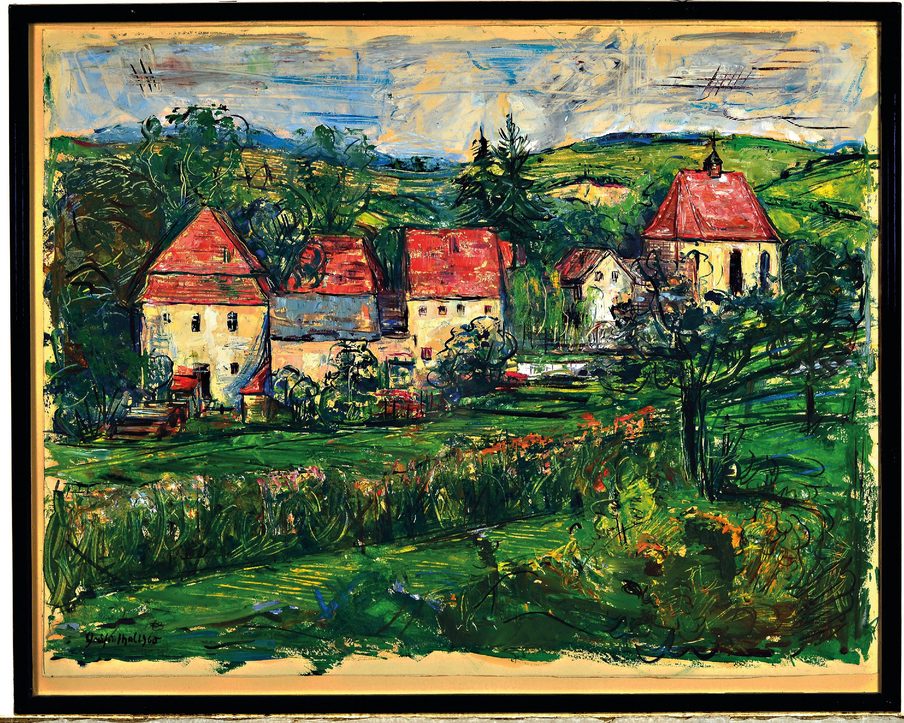 Detail k: Peter Paul Etz, 1913 Mainz-1995, Darstellungdes Kloster Gräfinthal im Saarland, links unten signiert, bez. und datiert 1960, Öl/Papier, unter Glas ...