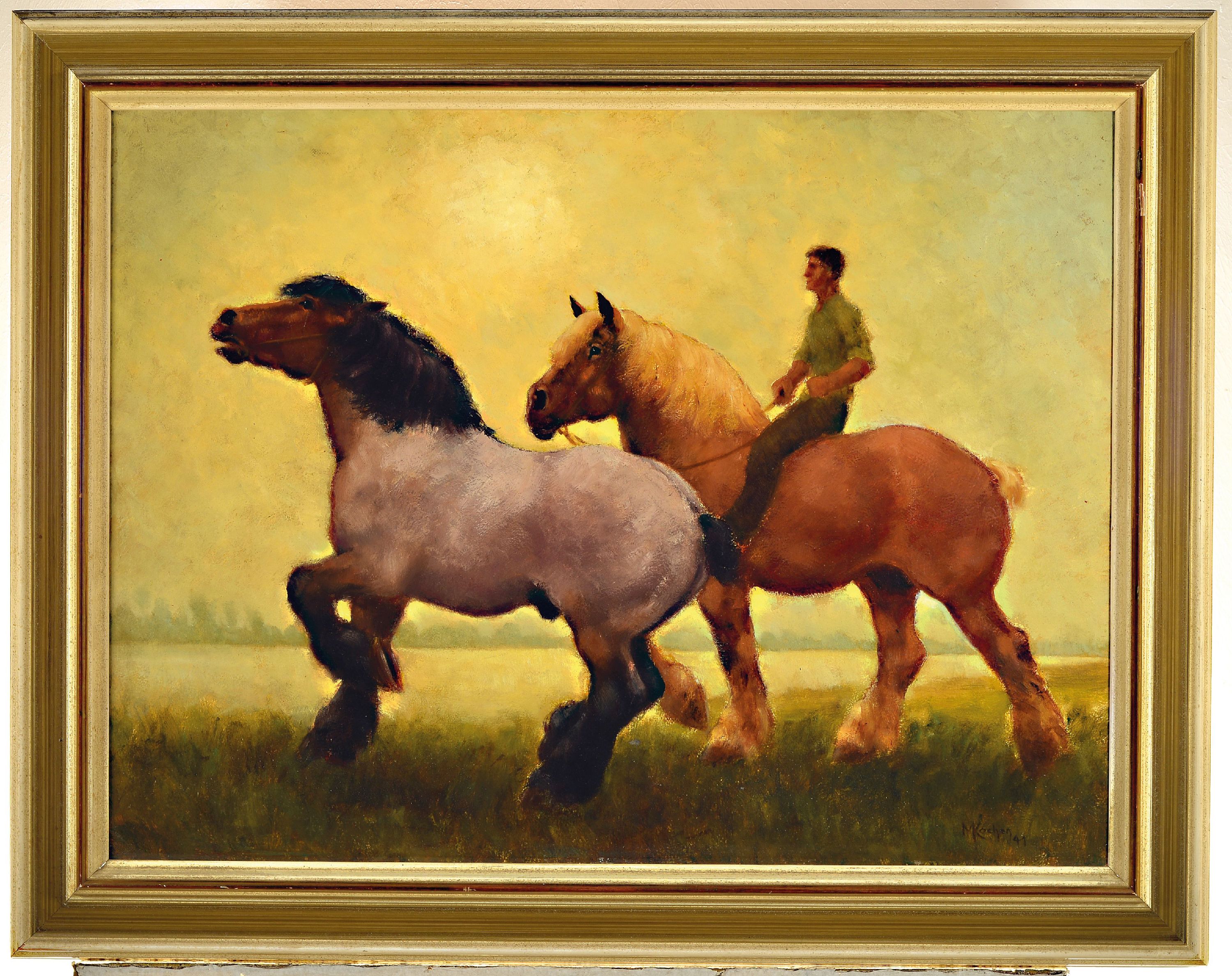 Detail k: Medardus Kruchen, 1877-1957 Düsseldorf, Paar Kaltblüter vor Rheinlandschaft, rechts unten signiert 1941, Öl/Masonit, 60x79 cm
