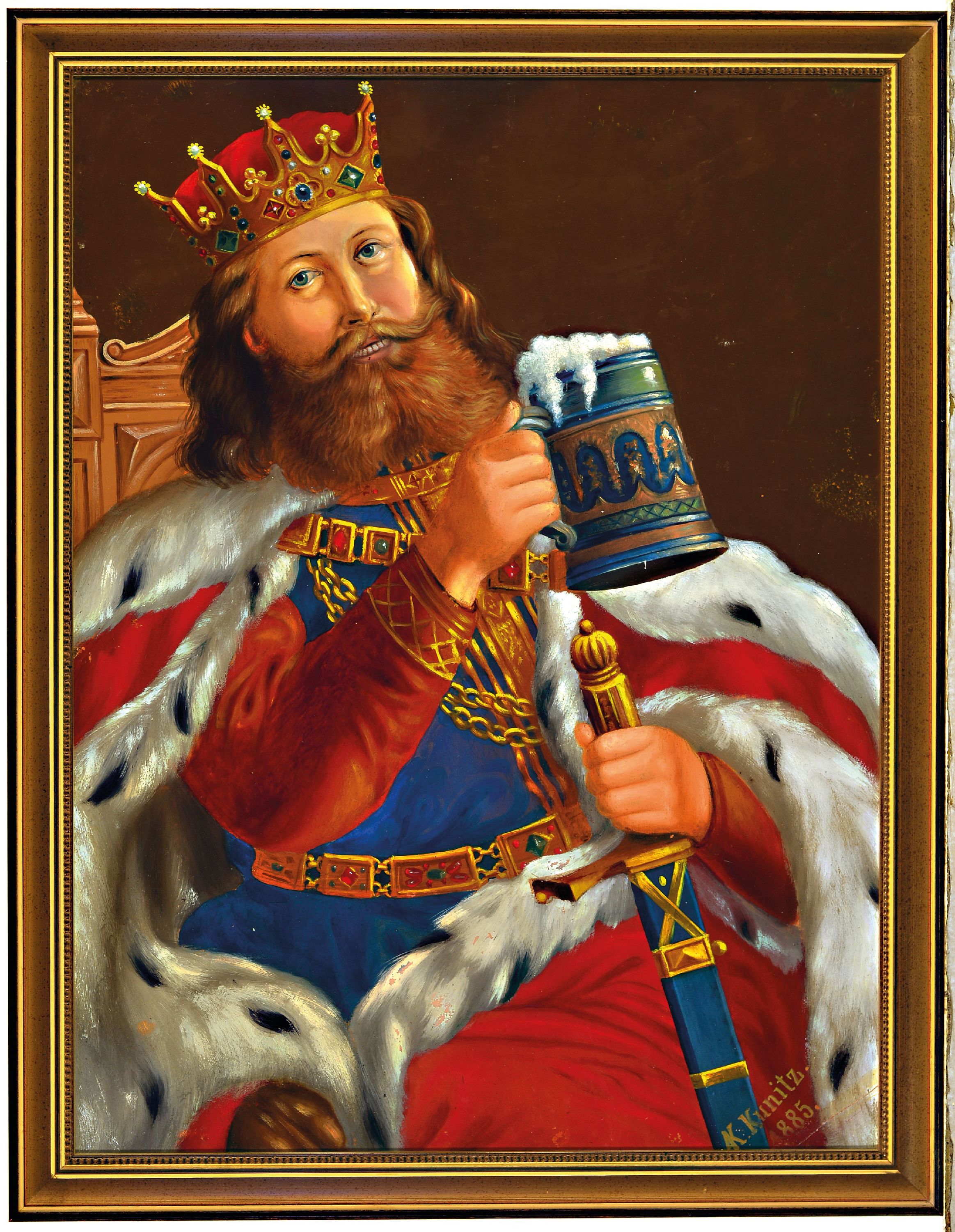 Detail k: Karl Kunitz, Künstler des ausgehenden 19.Jh. , Gambrinus, restauriert, l. Farbschaden, rechts unten signiert und datiert 1885, Öl/Karton, Rahmen ...