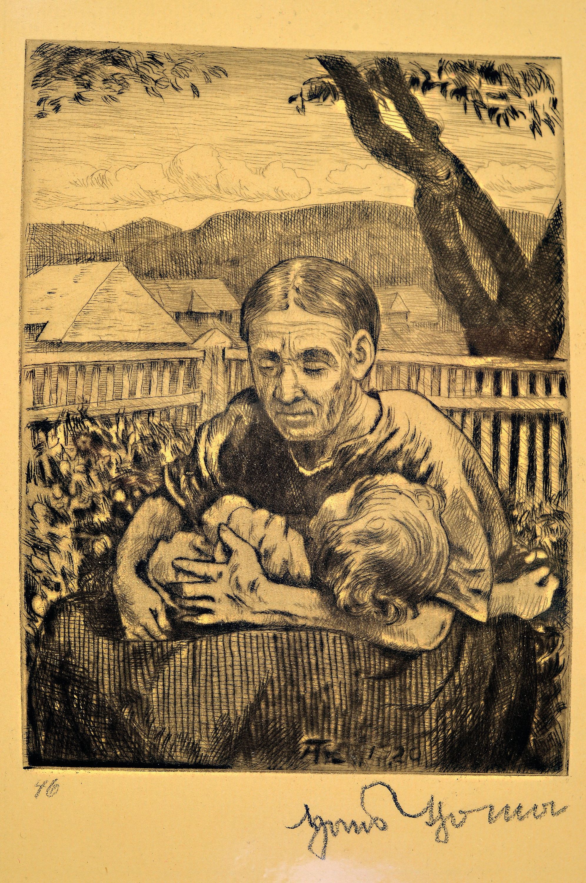 Hans Thoma, 1839-1924, Radierung, "Im Schutze der Großmutter", 1920, rechts unten handsigniert, Platte monogrammiert, ungerahmt,39x29 cm