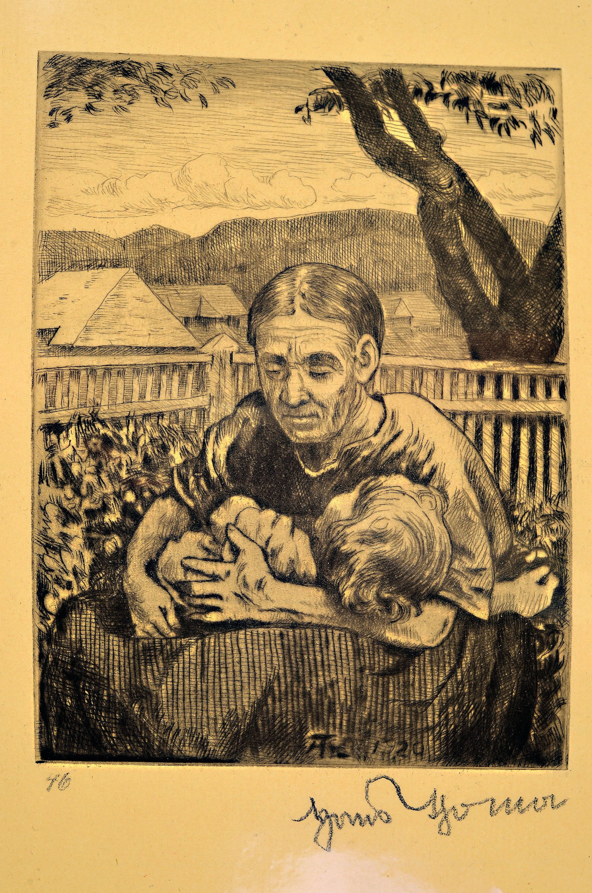 Detail k: Hans Thoma, 1839-1924, Radierung, "Im Schutze der Großmutter", 1920, rechts unten handsigniert, Platte monogrammiert, ungerahmt,39x29 cm
