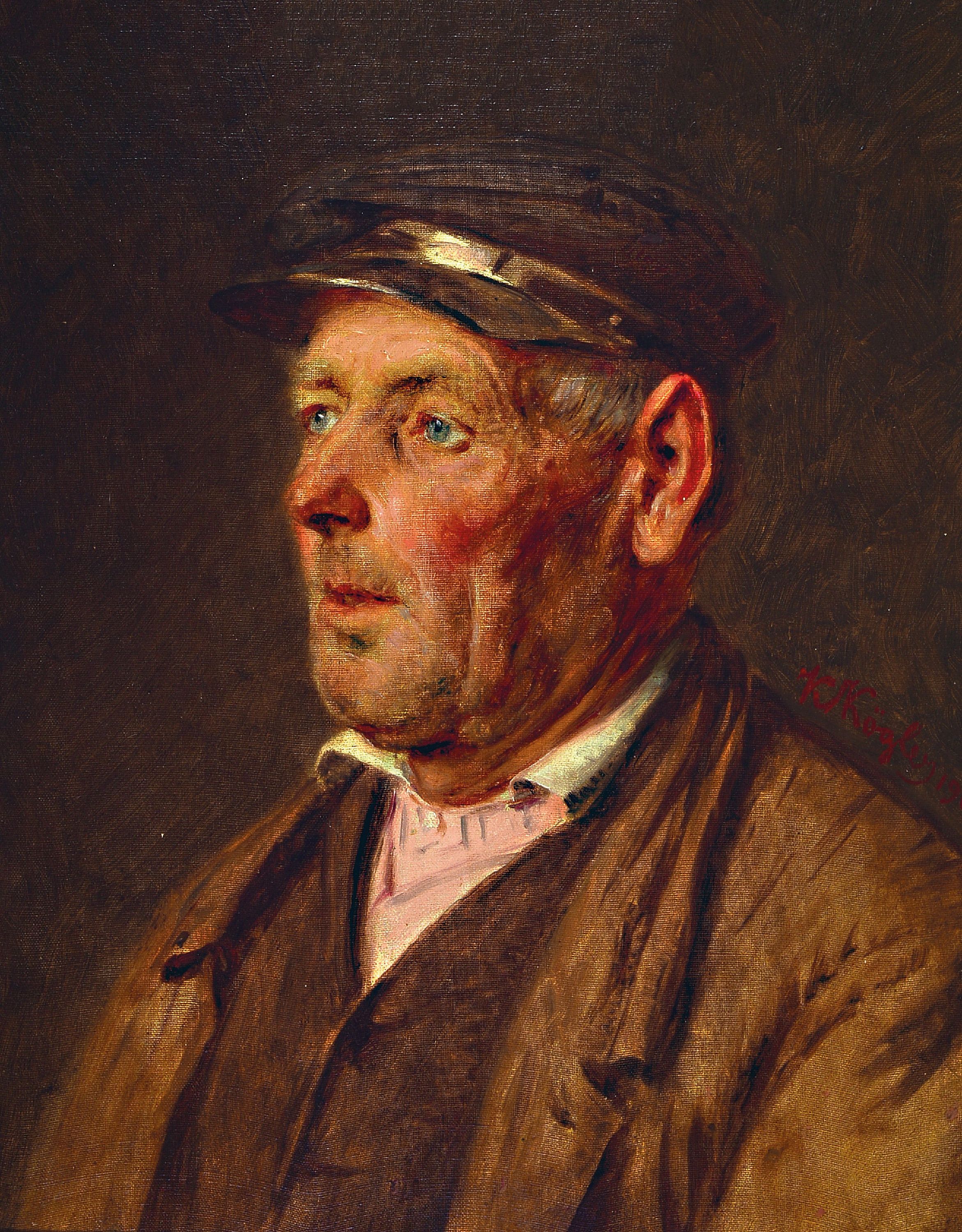 Kaspar Kögler, 1838 Molsberg-1923 Wiesbaden, Charakterporträt eines alten Bauern mit Kappe und brauner Jacke, rechts signiert u. datiert 1907, ...