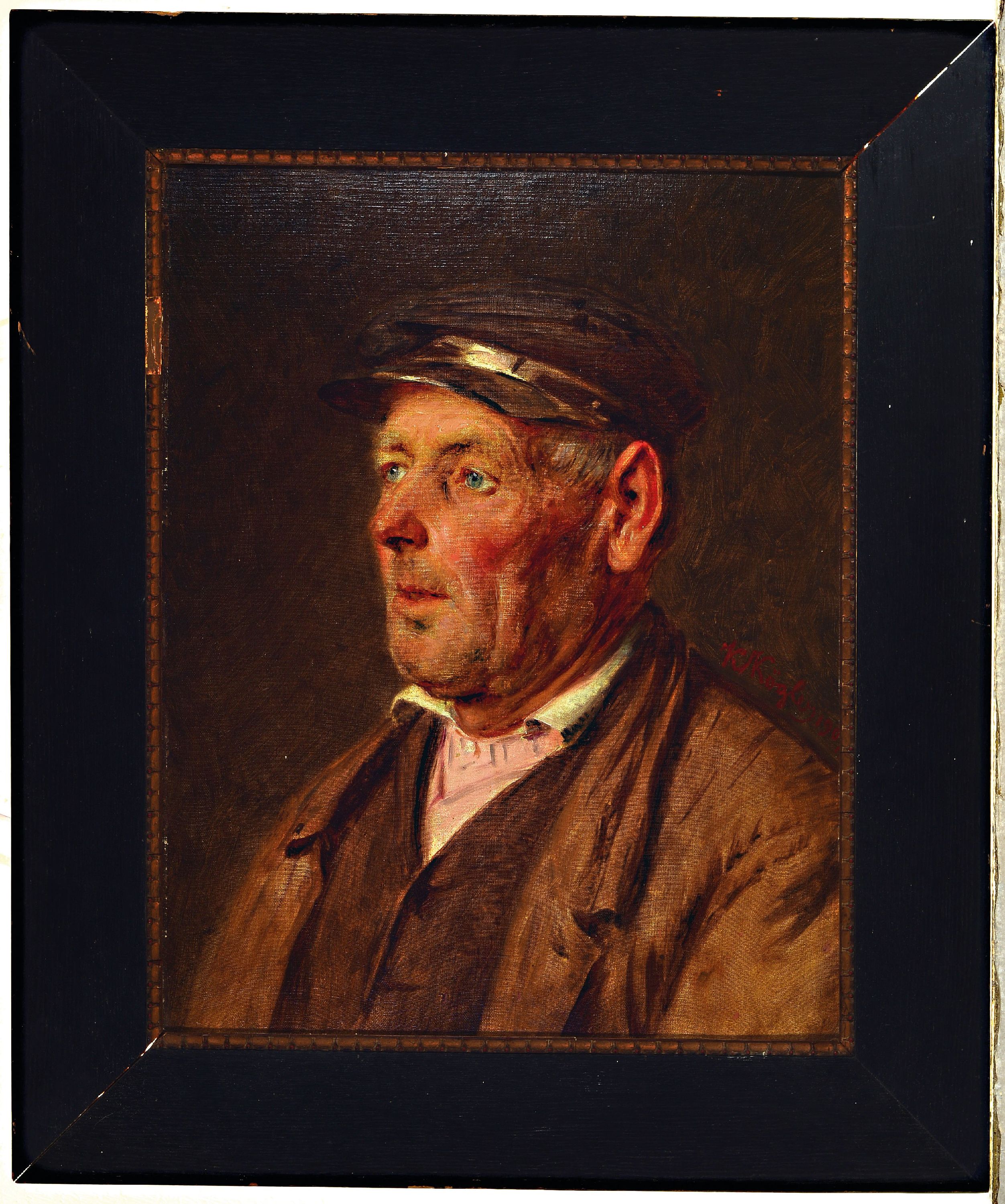 Detail k: Kaspar Kögler, 1838 Molsberg-1923 Wiesbaden, Charakterporträt eines alten Bauern mit Kappe und brauner Jacke, rechts signiert u. datiert 1907, ...