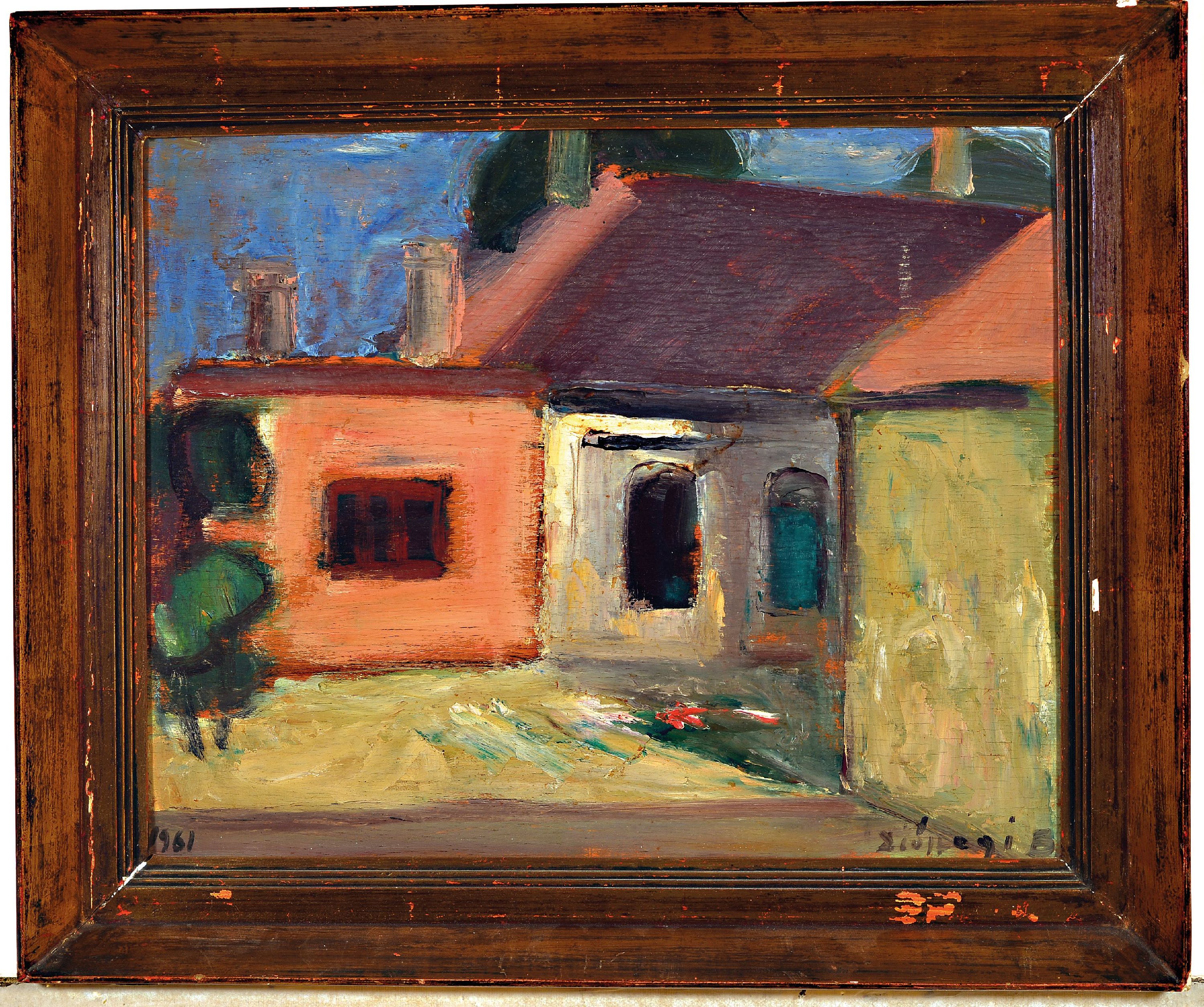 Detail k: Ungedeuteter ungarischer Künstler des 20.Jh. , Dorflandschaft, 1961, rechts unten signiert, verso bez., Öl/Holz, 40x50 cm, Rahmen 52x62 cm