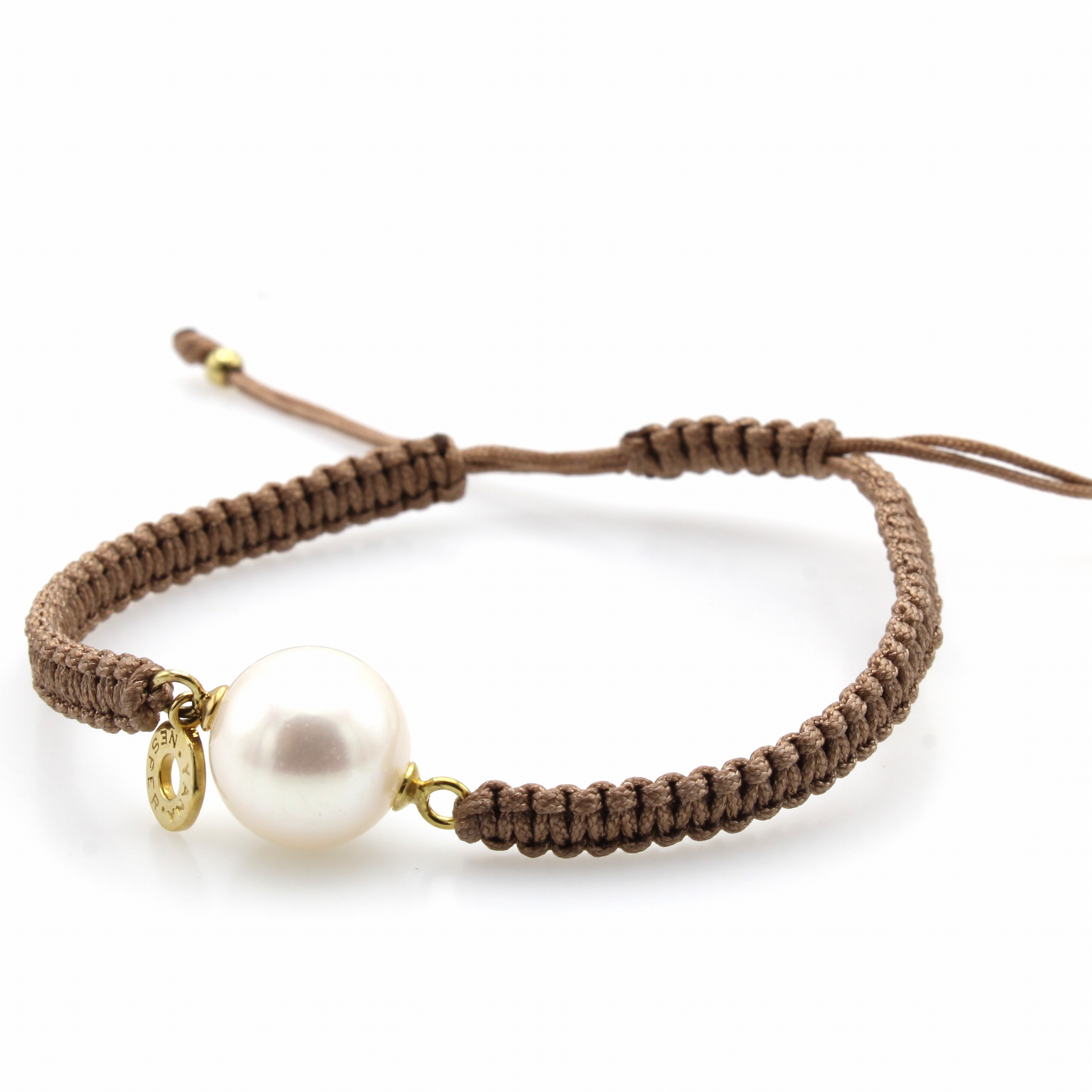 Image 26997908 - Makrameéarmband mit Süßwasserzuchtperle, GG 585/000, weiße Perle, D. ca. 11 mm