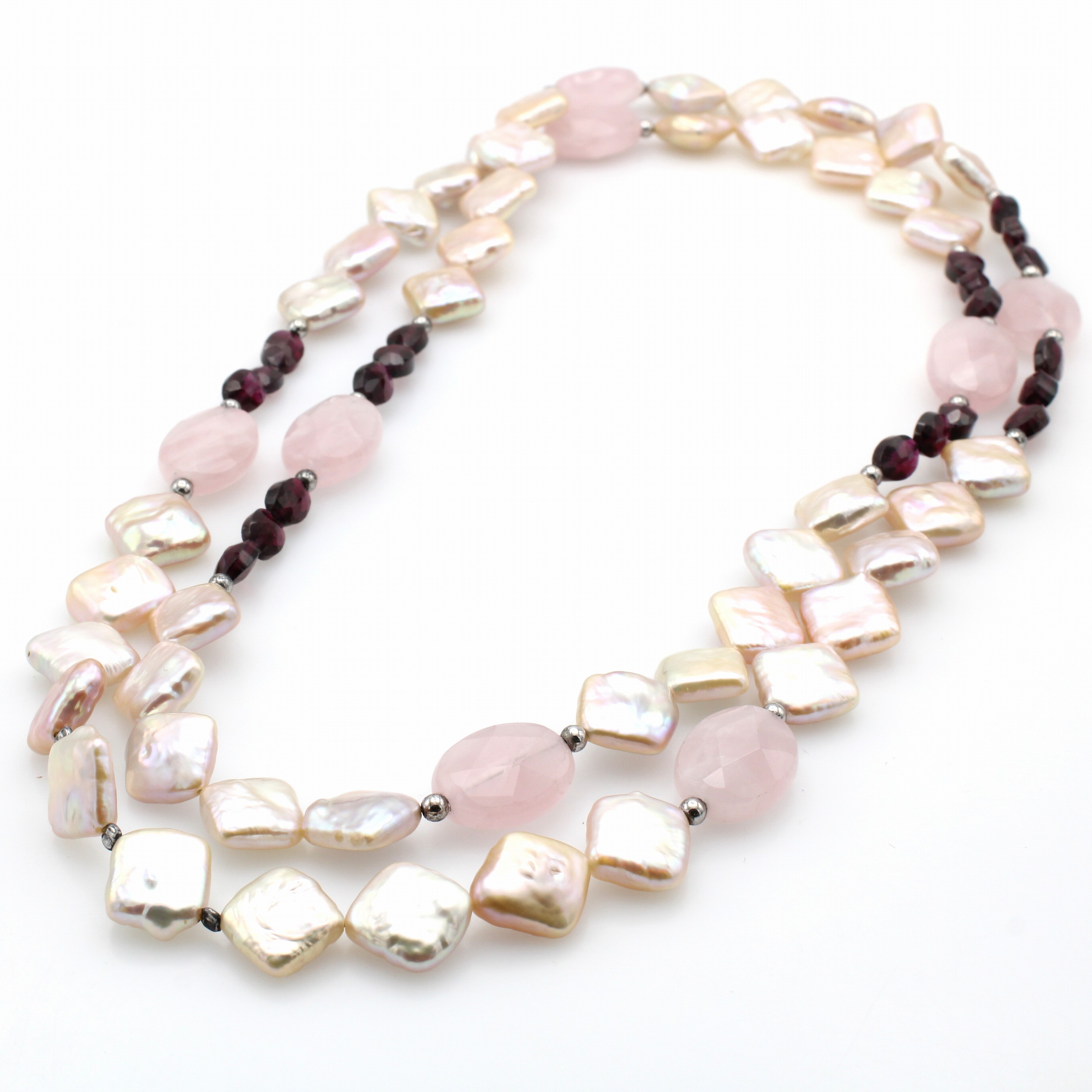Image 26998020 - Lange Kette mit Süßwasserzuchtperlen, Granatenund Rosenquarze, Zwischenglieder 925er ...
