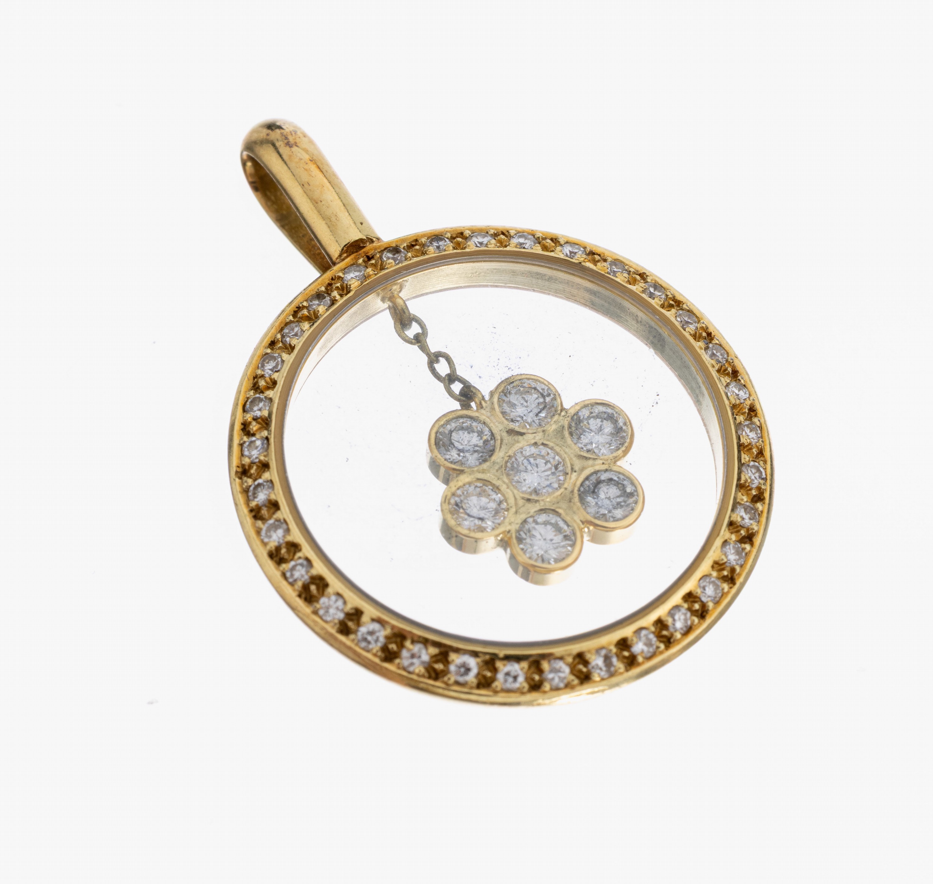 Image 26998603 - 14 kt Gold Brillant-Anhänger, GG 585/000, rund, blütenf. Element bewegl. hinter Glas, ...