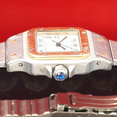 26998798c - CARTIER Santos Damenarmbanduhr, Schweiz um 1990, Automatik, Edelstahlgeh. inkl. orig. ...