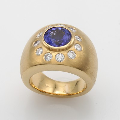 26998837a - Ring mit Tansanit und Brillanten, GG 750/000, z.T. matt., runder Tansanit v. sehr ...