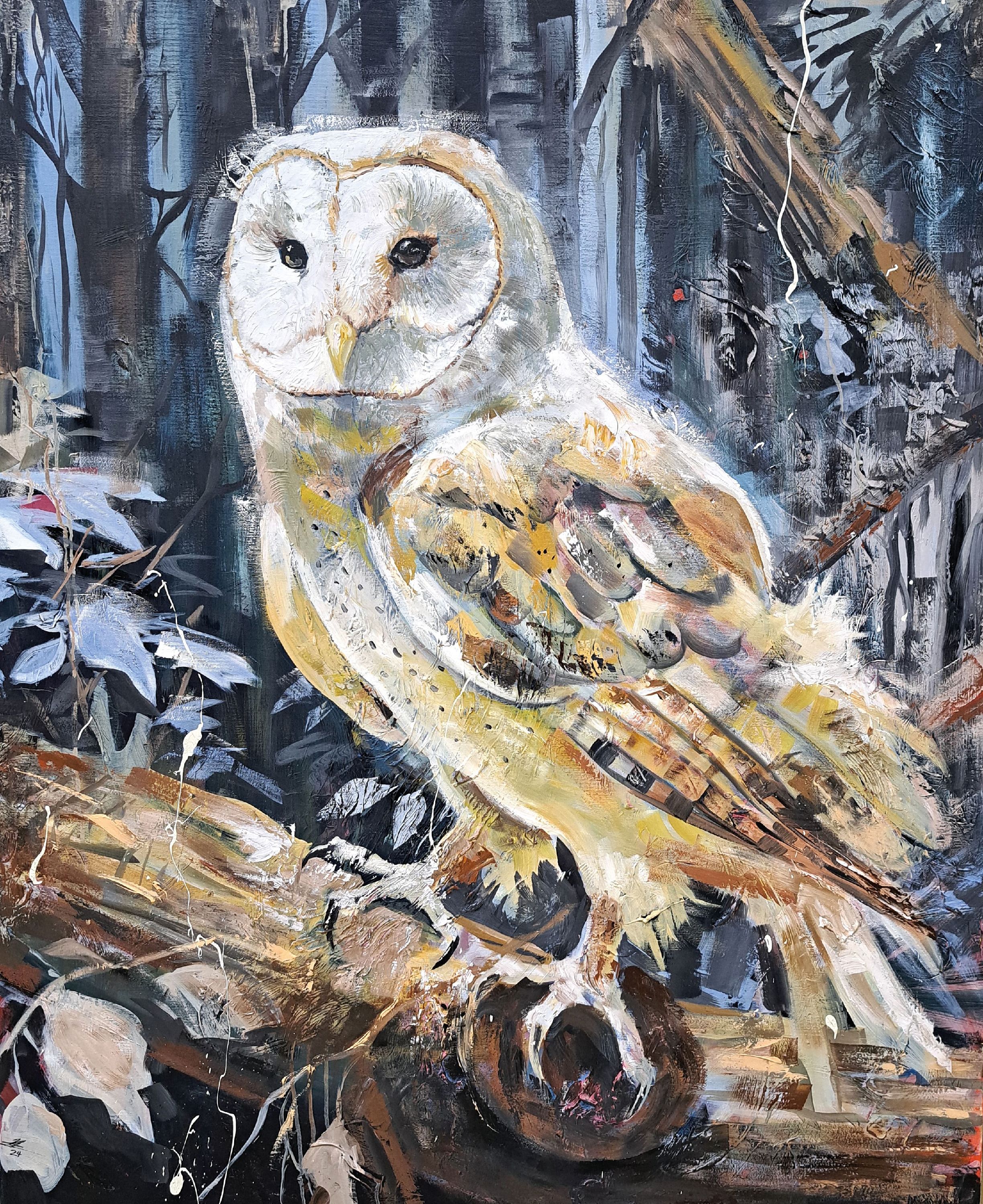 Detail k: Yves-Marcel Münch, geb. 1994, zeitgenössischer Künstler in Wiesloch, Schleiereule, Öl/Lwd, links unten sign., ca. 120x100cm