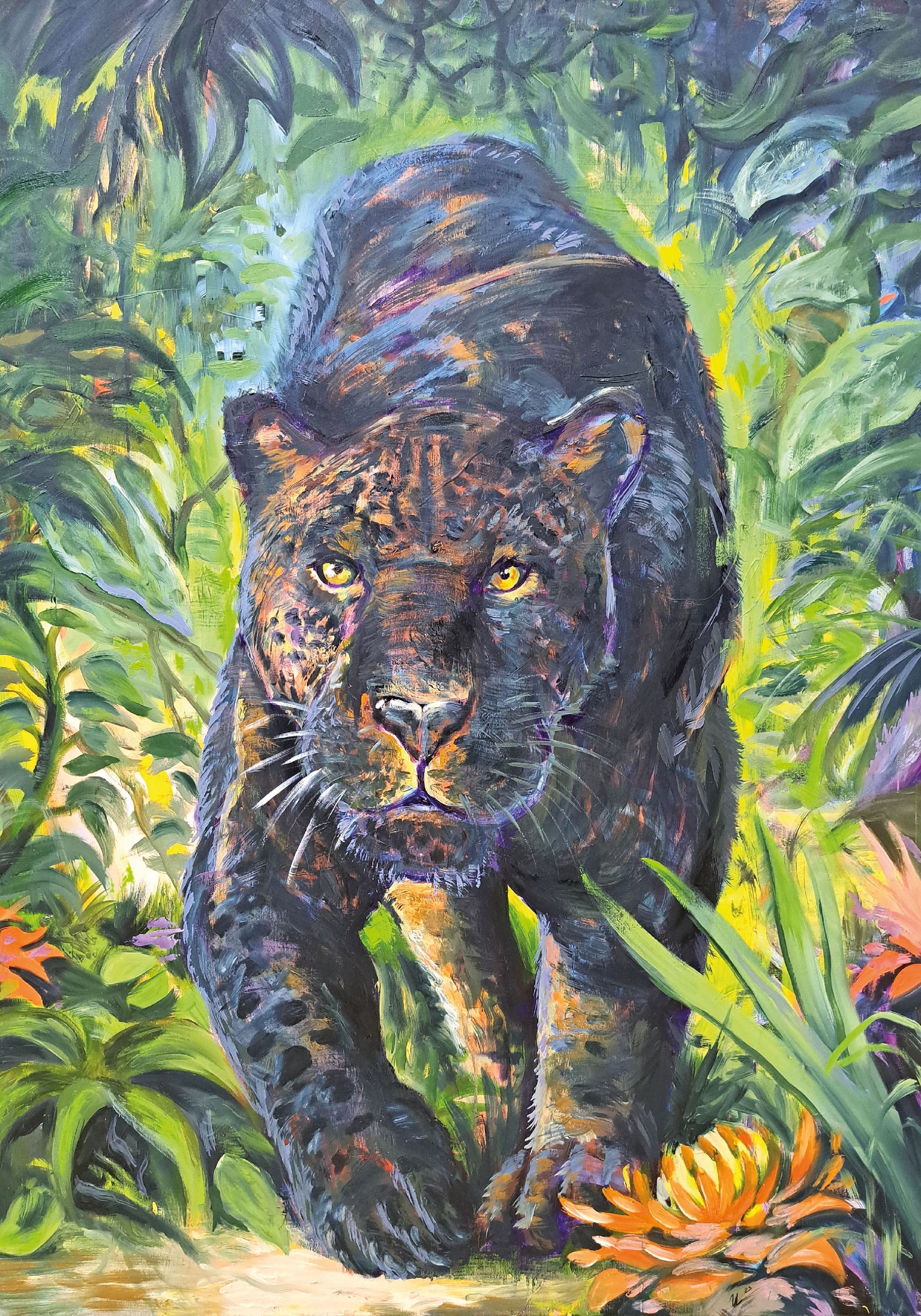 Detail k: Yves-Marcel Münch, geb. 1994, zeitgenössischer Künstler in Wiesloch, Panther, Öl/Lwd, re. unten sign., ca. 140x100cm